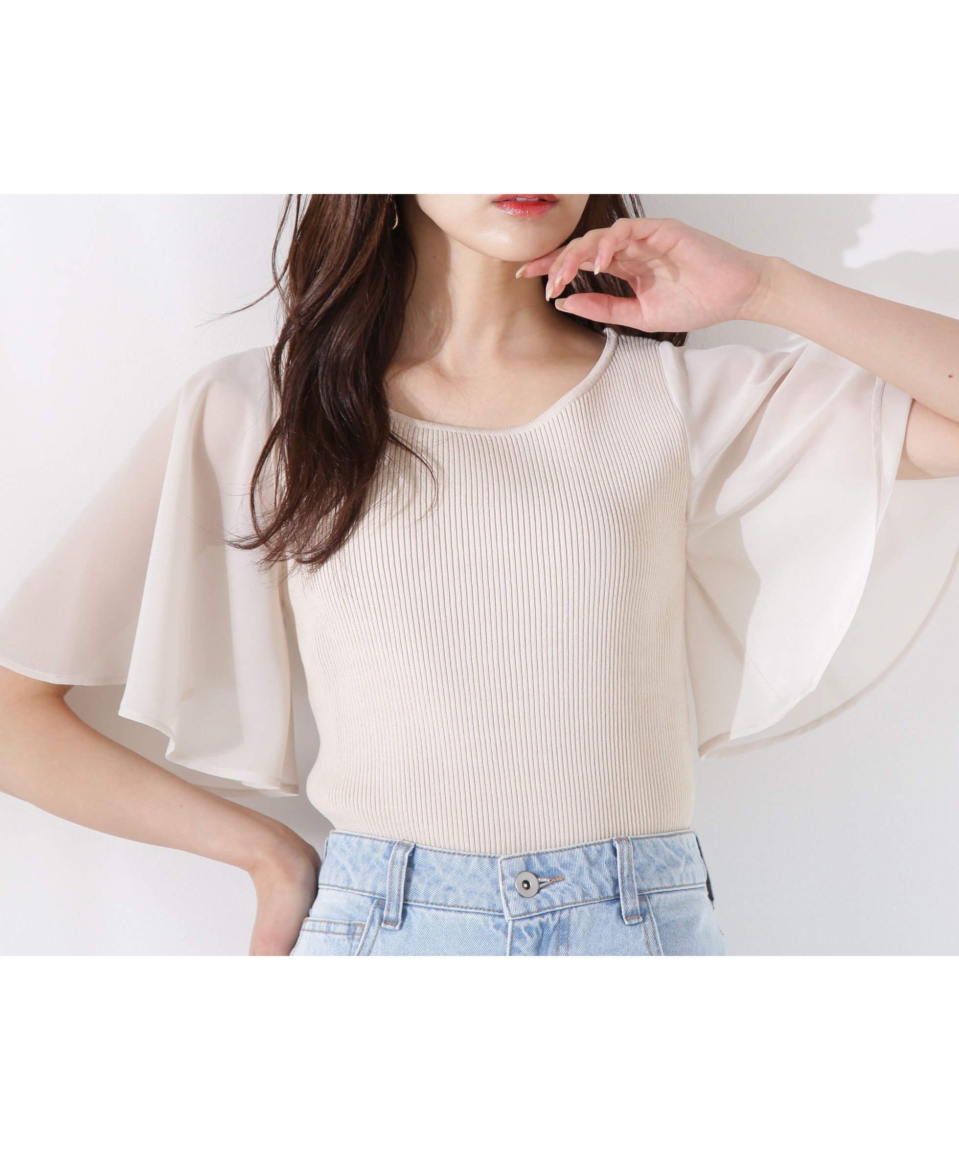【プロポーション ボディドレッシング/PROPORTION BODY DRESSING】のシアーフレアスリーブリブニット インテリア・キッズ・メンズ・レディースファッション・服の通販 founy(ファニー) 　ファッション　Fashion　レディースファッション　Ladies' Fashion Online　トップス・カットソー　Tops/Tshirt　ニット　Knit Tops　コンビ　Combination　シフォン　Chiffon　シンプル　Simple　スリーブ　Sleeve　リブニット　Rib Knit　エレガント 上品　Elegant　ベージュ|ID: prp329100004571443 ipo3291000000032651950