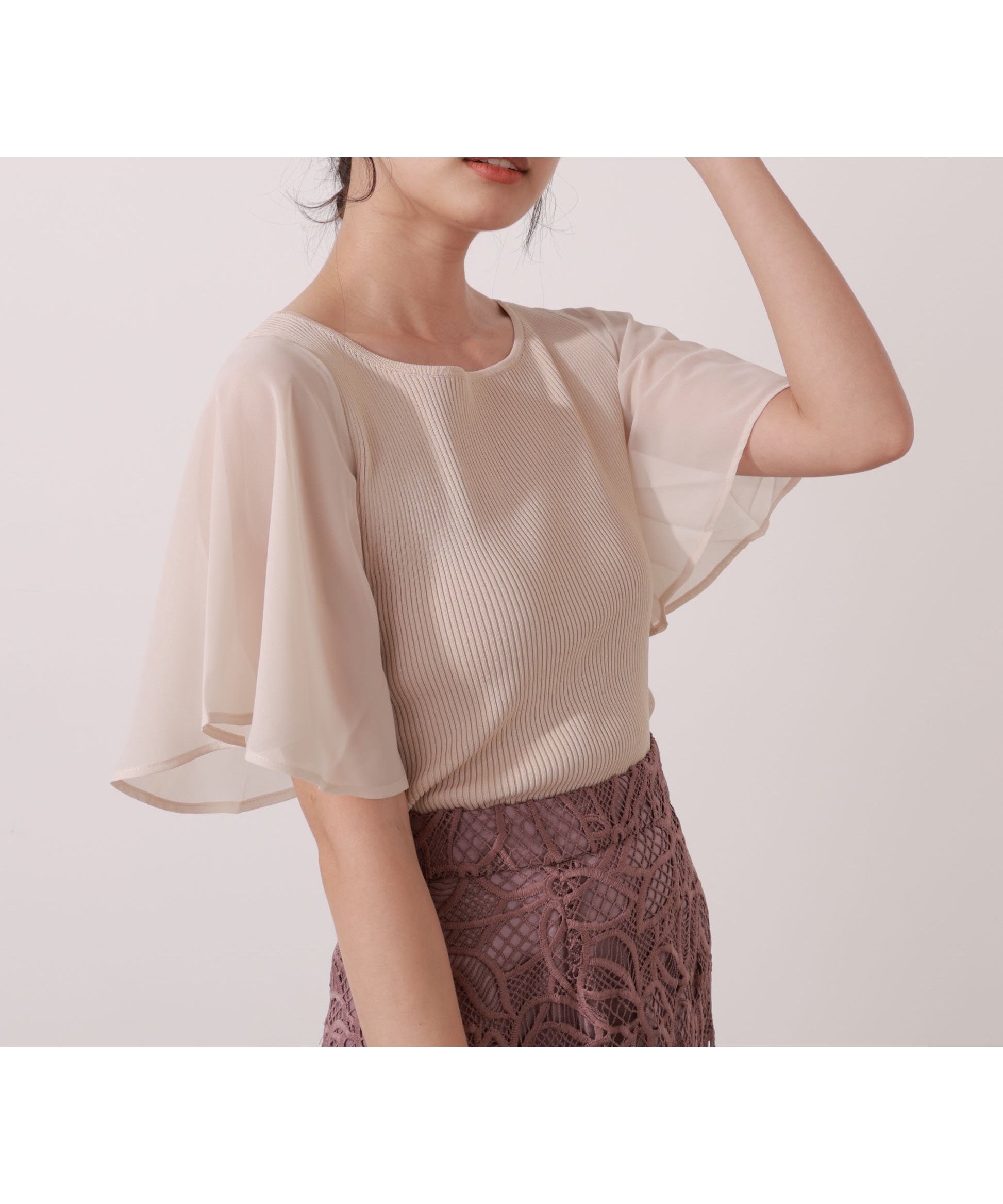 【プロポーション ボディドレッシング/PROPORTION BODY DRESSING】のシアーフレアスリーブリブニット インテリア・キッズ・メンズ・レディースファッション・服の通販 founy(ファニー) 　ファッション　Fashion　レディースファッション　Fashion for Women　トップス・カットソー　Cut & Sew Tops　ニット　Knit Tops & Sweaters　コンビ　Combo, Combination Style　シフォン　Chiffon, Lightweight Fabric　シンプル　Simple, Minimal　スリーブ　Sleeve, Long Sleeve / Short Sleeve　リブニット　Rib Knit, Ribbed Knit　エレガント 上品　Elegant　ベージュ|ID: prp329100004571443 ipo3291000000033811277