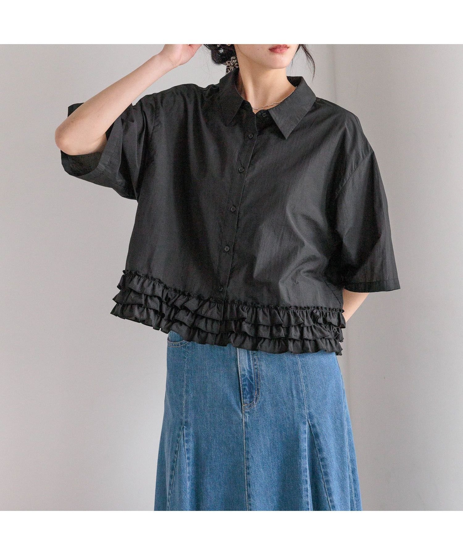 【ローリーズファーム/LOWRYS FARM】のスソフリルシャツSS インテリア・キッズ・メンズ・レディースファッション・服の通販 founy(ファニー) 　ファッション　Fashion　レディースファッション　WOMEN　トップス・カットソー　Tops/Tshirt　シャツ/ブラウス　Shirts/Blouses　おすすめ　Recommend　インナー　Inner　タンク　Tank　トレンド　Trend　フリル　Frills　ボトム　Bottom　夏　Summer　羽織　Haori　ブラック|ID: prp329100004571481 ipo3291000000032346884