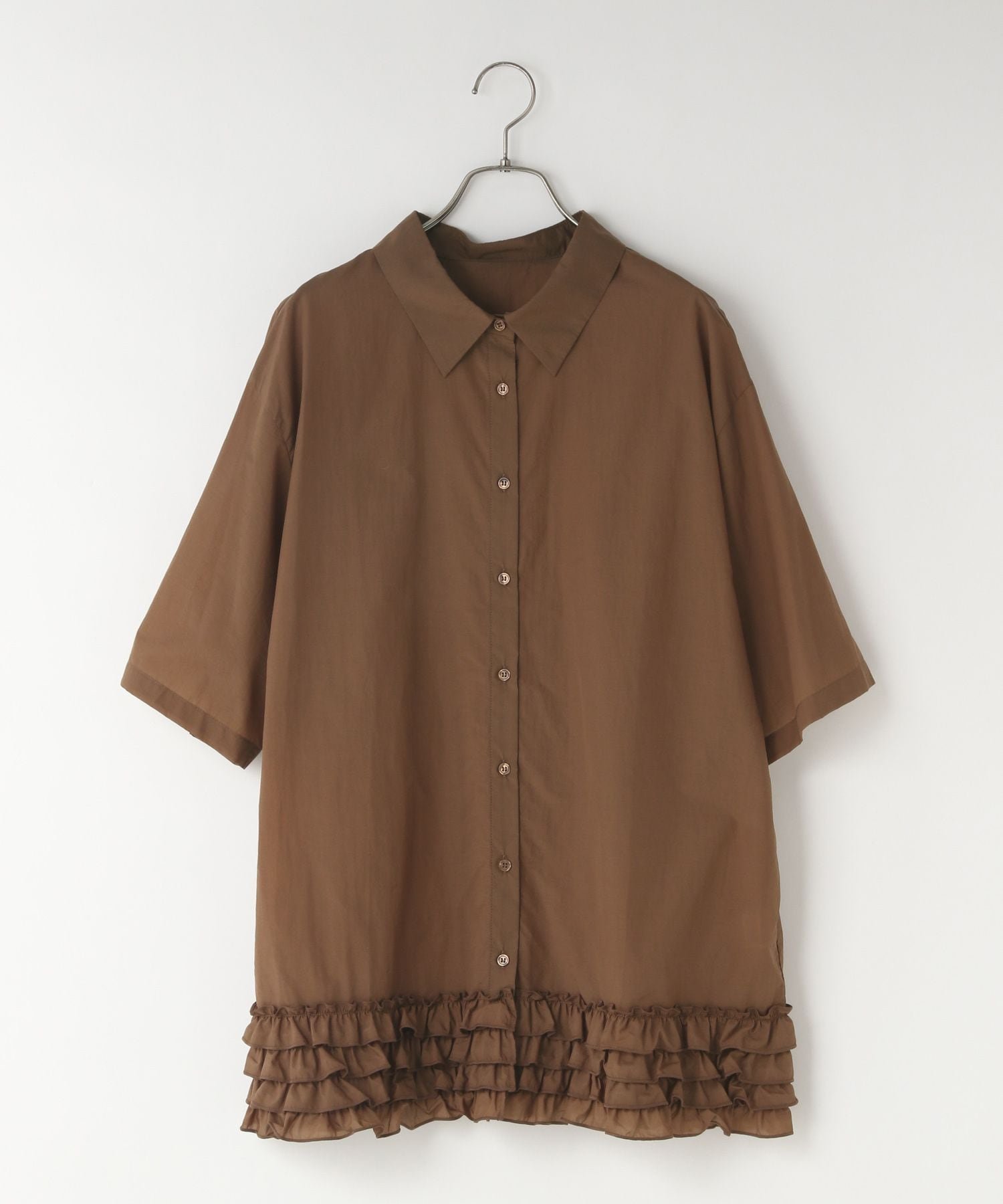 【ローリーズファーム/LOWRYS FARM】のスソフリルシャツSS インテリア・キッズ・メンズ・レディースファッション・服の通販 founy(ファニー) 　ファッション　Fashion　レディースファッション　WOMEN　トップス・カットソー　Tops/Tshirt　シャツ/ブラウス　Shirts/Blouses　おすすめ　Recommend　インナー　Inner　タンク　Tank　トレンド　Trend　フリル　Frills　ボトム　Bottom　夏　Summer　羽織　Haori　ブラウン|ID: prp329100004571481 ipo3291000000032346885
