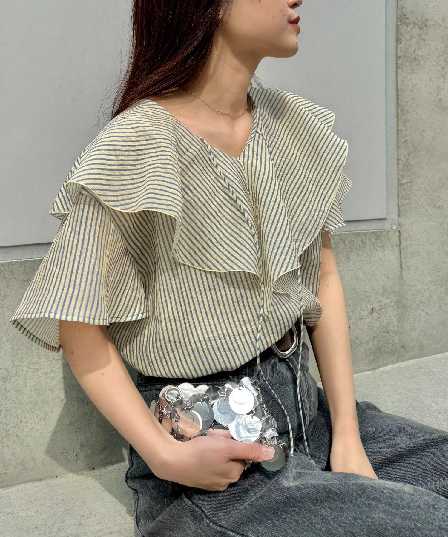 【チャオパニックティピー/CIAOPANIC TYPY】のシアーラッフル襟ブラウス インテリア・キッズ・メンズ・レディースファッション・服の通販 founy(ファニー) 　ファッション　Fashion　レディースファッション　Ladies' Fashion Online　トップス・カットソー　Tops/Tshirt　シャツ/ブラウス　Shirts/Blouses　インナー　Inner　キャミソール　Camisole　ストライプ　Stripe　タンク　Tank　デニム　Denim　フリル　Frills　おすすめ　Recommend　イエロー|ID: prp329100004572287 ipo3291000000032646689