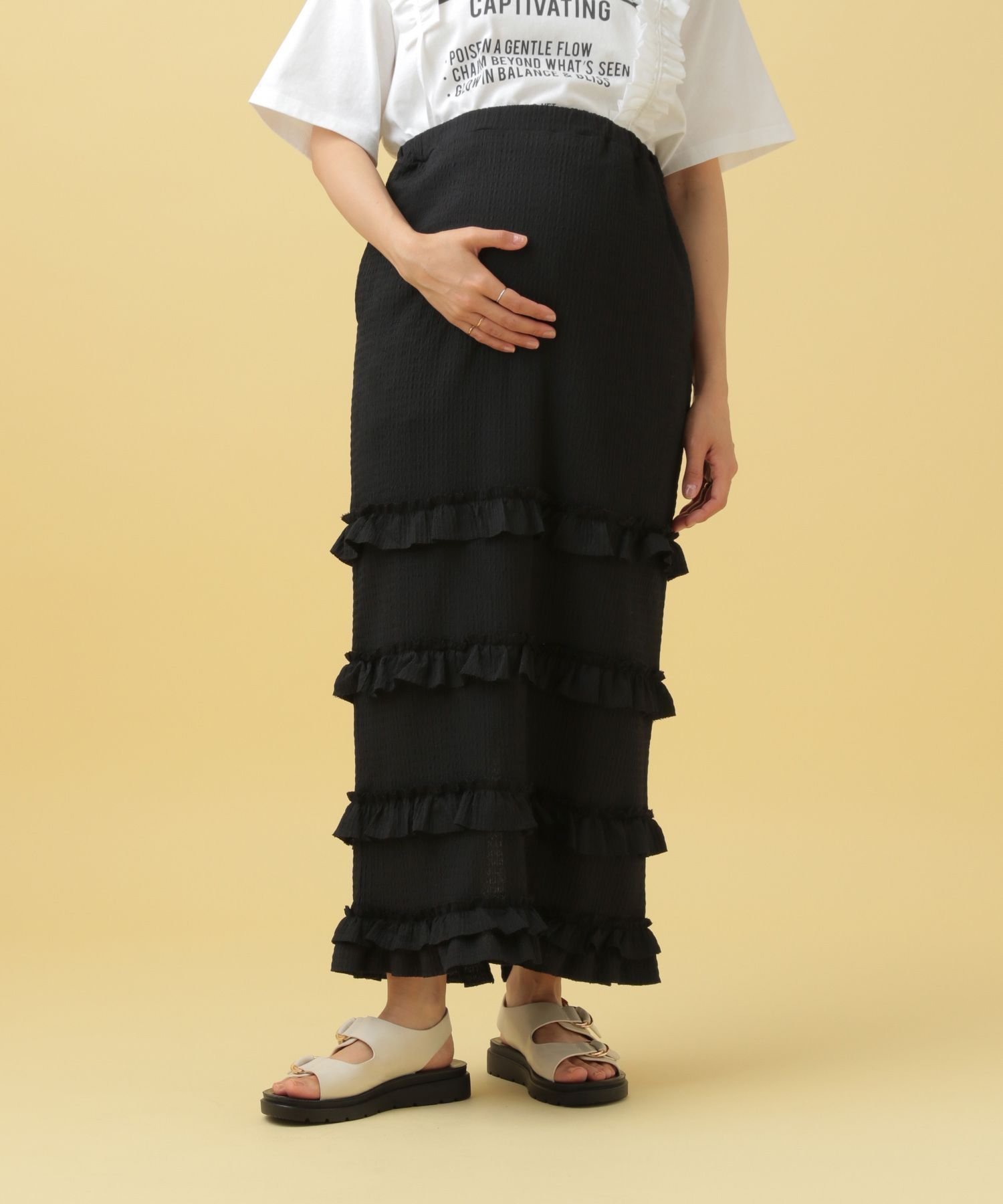 【その他のブランド/Other】の【産前・産後対応】マタニティ/フリルティアードスカート2 インテリア・キッズ・メンズ・レディースファッション・服の通販 founy(ファニー) 　ファッション　Fashion　キッズファッション　Fashion for Kids　おすすめ　Recommended / Our Picks　スリット　Slit, Slit Detail　ティアードスカート　Tiered Skirt, Flounced Skirt　フリル　Frill, Ruffle　プリント　Print, Printed Pattern　ブラック09|ID: prp329100004572345 ipo3291000000032356369