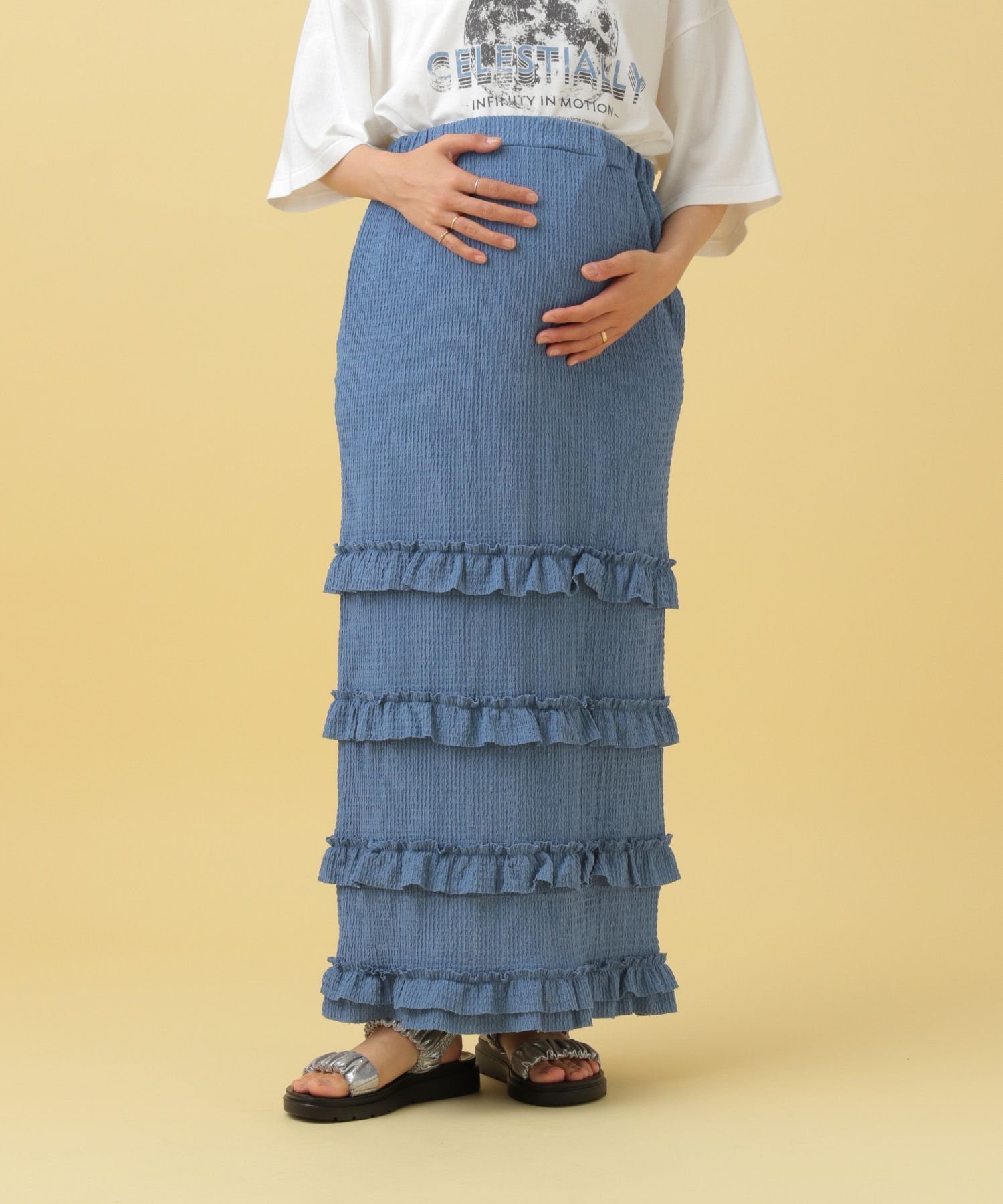【その他のブランド/Other】の【産前・産後対応】マタニティ/フリルティアードスカート2 インテリア・キッズ・メンズ・レディースファッション・服の通販 founy(ファニー) 　ファッション　Fashion　キッズファッション　Fashion for Kids　おすすめ　Recommended / Our Picks　スリット　Slit, Slit Detail　ティアードスカート　Tiered Skirt, Flounced Skirt　フリル　Frill, Ruffle　プリント　Print, Printed Pattern　ブルー83|ID: prp329100004572345 ipo3291000000032356370