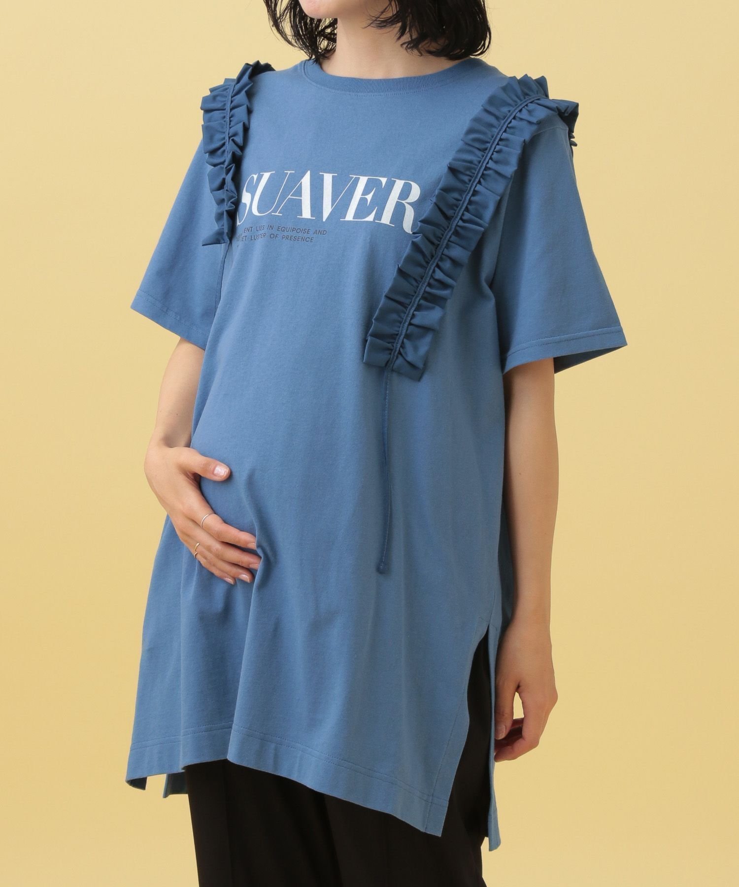 【その他のブランド/Other】の【産前・産後対応】マタニティ/リメイクフリルチュニックワンピース インテリア・キッズ・メンズ・レディースファッション・服の通販 founy(ファニー) 　ファッション　Fashion　キッズファッション　Fashion for Kids　ワンピース　Dresses　おすすめ　Recommended / Our Picks　スリット　Slit, Slit Detail　チュニック　Tunic, Long Top　ティアードスカート　Tiered Skirt, Flounced Skirt　デニム　Denim, Jeans Material　フリル　Frill, Ruffle　プリント　Print, Printed Pattern　プリーツ　Pleats, Pleated　ブルー83|ID: prp329100004572347 ipo3291000000032356387