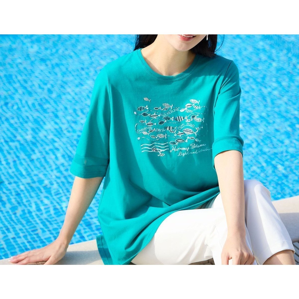 【ミゼール/MISSEL】の【洗える・日本製・綿100%】fish刺繍 フレアカットソー インテリア・キッズ・メンズ・レディースファッション・服の通販 founy(ファニー) 　ファッション　Fashion　レディースファッション　Fashion for Women　トップス・カットソー　Cut & Sew Tops　カットソー・ベーシックTシャツ　Cut-and-Sewn Tops / Stretch Tees & Basics　カットソー　Cut and Sewn Top　スパンコール　Sequins, Sequin Embellishment　チュール　Tulip, Tulip Motif　フレア　Flare, Flared　エレガント 上品　Elegant　夏　Summer　日本製　Made In Japan　洗える　Machine Washable　ブルー|ID: prp329100004572619 ipo3291000000033364002