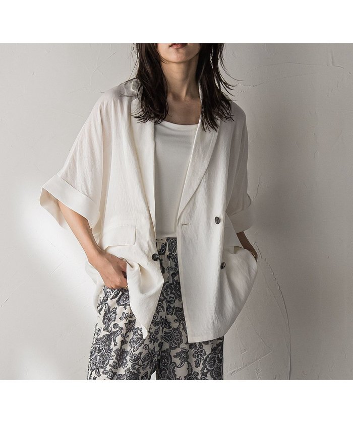 【メイソングレイ/MAYSON GREY】のダブルブレスト半袖ジャケット≪手洗い可能≫ インテリア・キッズ・メンズ・レディースファッション・服の通販 founy(ファニー) https://founy.com/ ファッション Fashion レディースファッション Ladies' Fashion Online アウター Coat Outerwear ジャケット Jackets ジャケット Jacket ダブル Double デニム Denim パターン Pattern 半袖 Short Sleeve マニッシュ Mannish 夏 Summer |ID: prp329100004572784 ipo3291000000032660124