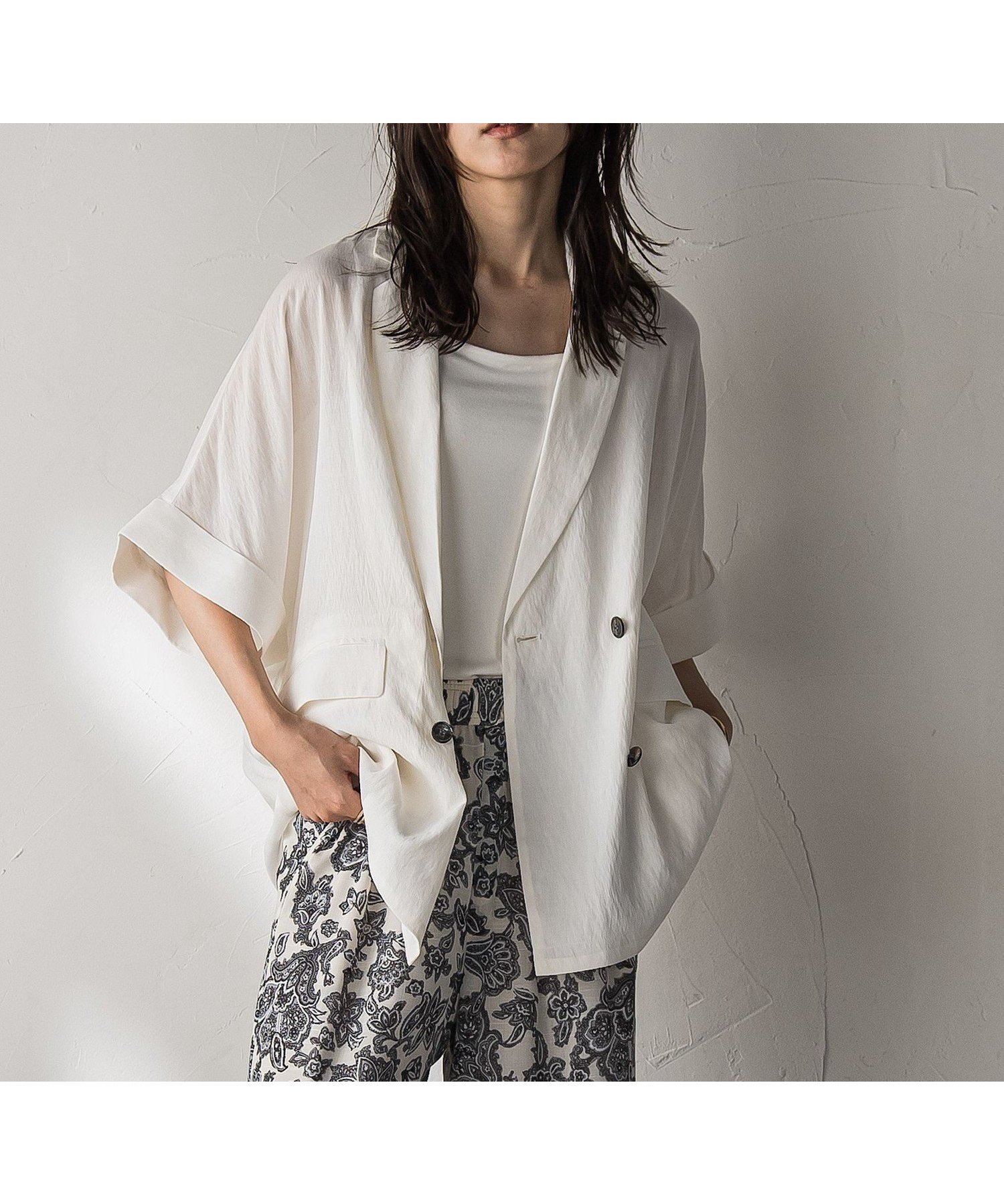 【メイソングレイ/MAYSON GREY】のダブルブレスト半袖ジャケット≪手洗い可能≫ 人気、トレンドファッション・服の通販 founy(ファニー) 　ファッション　Fashion　レディースファッション　Ladies' Fashion Online　アウター　Coat Outerwear　ジャケット　Jackets　ジャケット　Jacket　ダブル　Double　デニム　Denim　パターン　Pattern　半袖　Short Sleeve　マニッシュ　Mannish　夏　Summer　 other-1|ID: prp329100004572784 ipo3291000000032660124