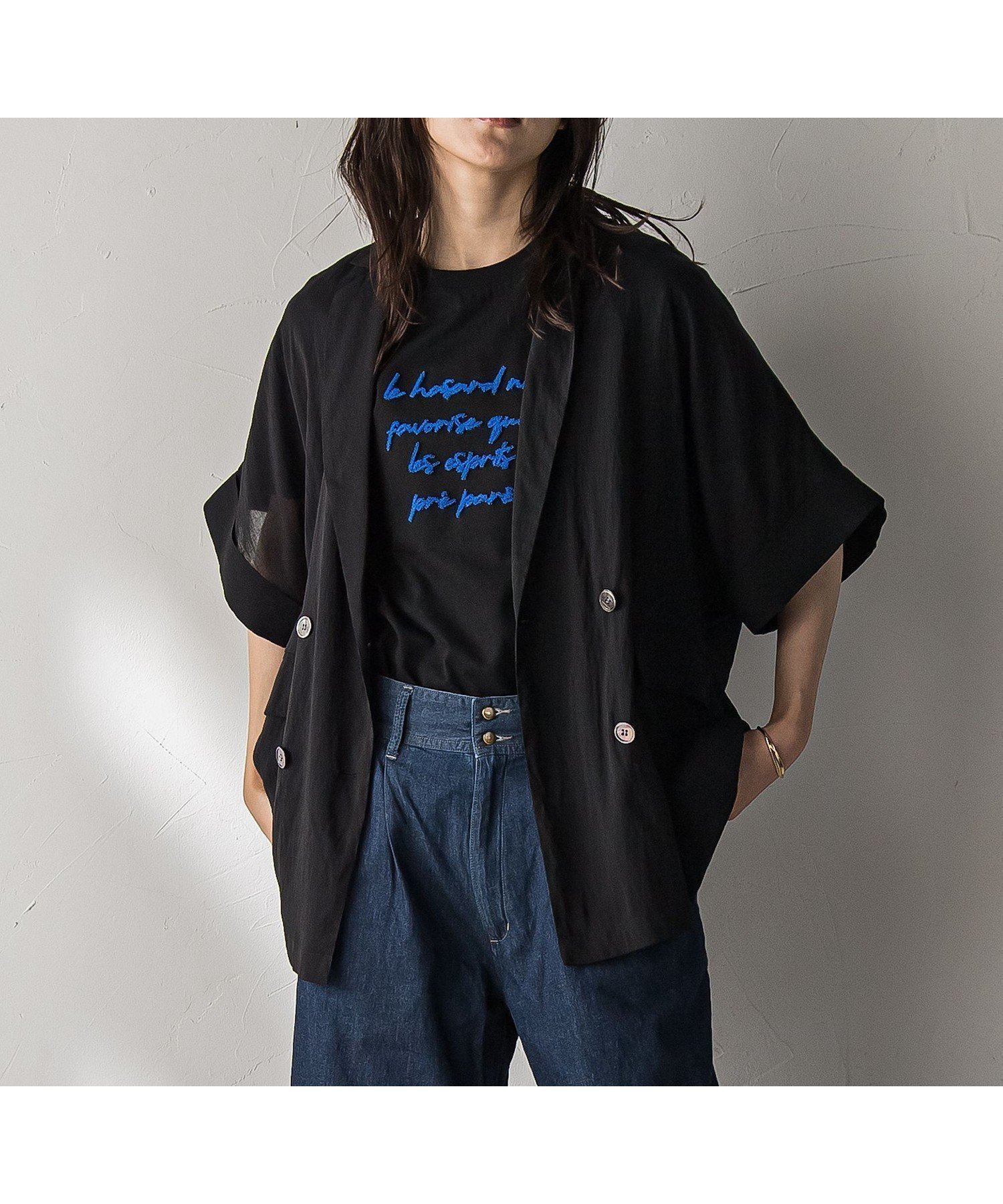 【メイソングレイ/MAYSON GREY】のダブルブレスト半袖ジャケット≪手洗い可能≫ インテリア・キッズ・メンズ・レディースファッション・服の通販 founy(ファニー) 　ファッション　Fashion　レディースファッション　Ladies' Fashion Online　アウター　Coat Outerwear　ジャケット　Jackets　ジャケット　Jacket　ダブル　Double　デニム　Denim　パターン　Pattern　半袖　Short Sleeve　マニッシュ　Mannish　夏　Summer　ブラック|ID: prp329100004572784 ipo3291000000032660128