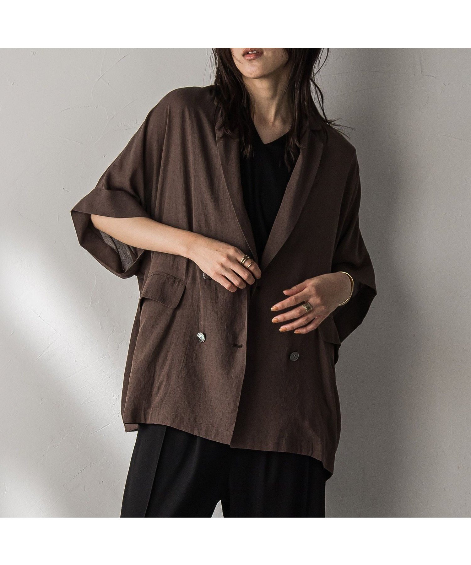 【メイソングレイ/MAYSON GREY】のダブルブレスト半袖ジャケット≪手洗い可能≫ インテリア・キッズ・メンズ・レディースファッション・服の通販 founy(ファニー) 　ファッション　Fashion　レディースファッション　Ladies' Fashion Online　アウター　Coat Outerwear　ジャケット　Jackets　ジャケット　Jacket　ダブル　Double　デニム　Denim　パターン　Pattern　半袖　Short Sleeve　マニッシュ　Mannish　夏　Summer　ブラウン|ID: prp329100004572784 ipo3291000000032660132