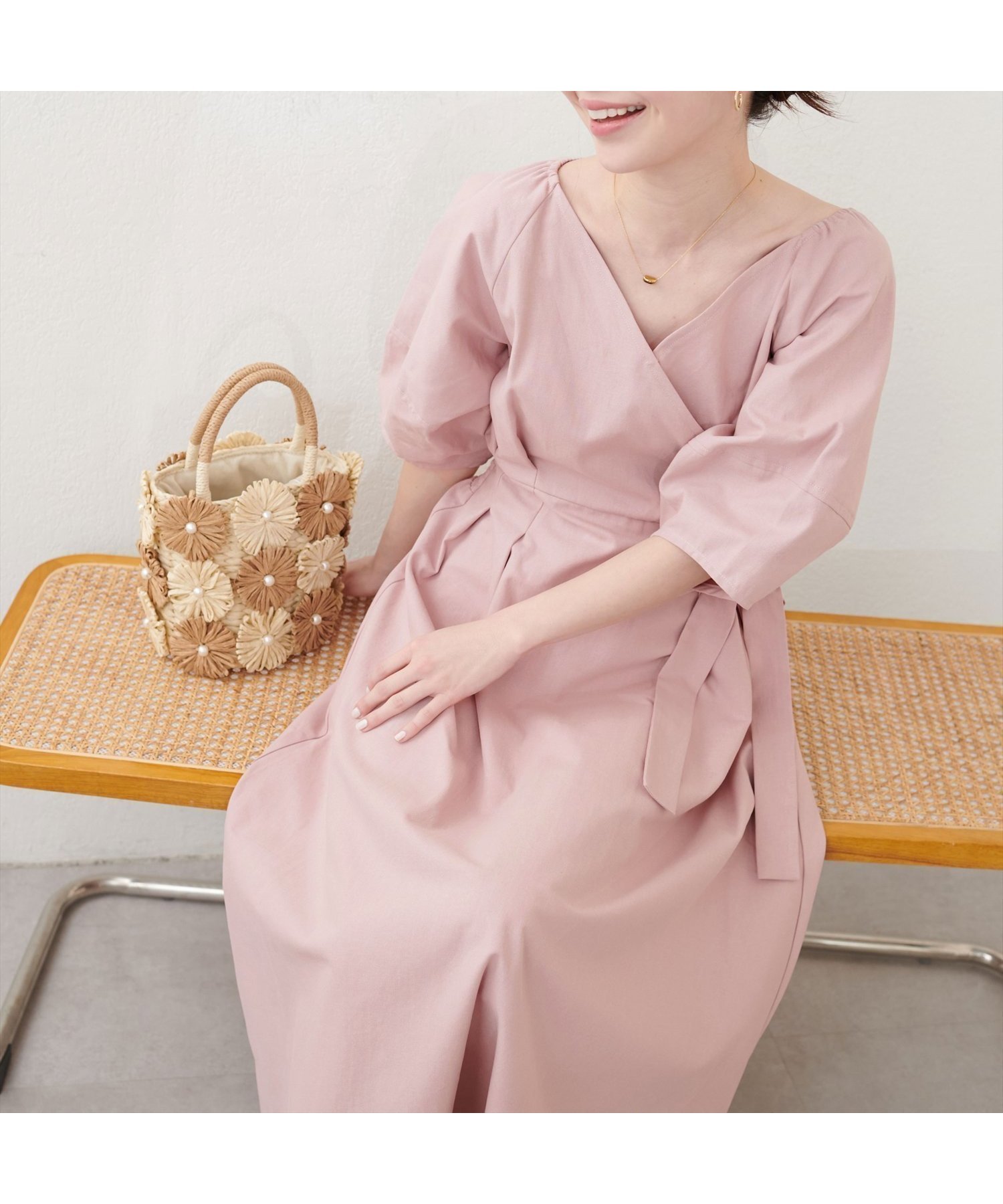 【ナチュラルクチュール/natural couture】のカシュクールランタンワンピース インテリア・キッズ・メンズ・レディースファッション・服の通販 founy(ファニー) 　ファッション　Fashion　レディースファッション　WOMEN　ワンピース　Dress　アクセサリー　Accessories　カシュクール　Cachecoeur　サンダル　Sandals　シェイプ　Shape　シューズ　Shoes　ジャケット　Jacket　スリーブ　Sleeve　フラット　Flat　ポケット　Pocket　リボン　Ribbon　リラックス　Relax　エレガント 上品　Elegant　2025年　2025　2025春夏・S/S　Ss,Spring/Summer,2025　ピンク|ID: prp329100004573362 ipo3291000000032490865