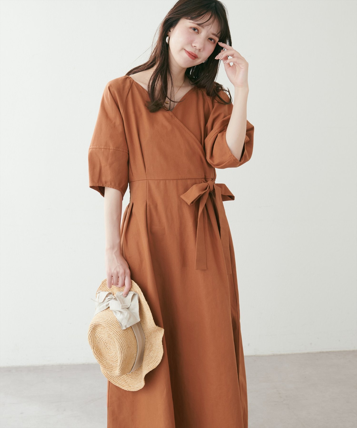 【ナチュラルクチュール/natural couture】のカシュクールランタンワンピース インテリア・キッズ・メンズ・レディースファッション・服の通販 founy(ファニー) 　ファッション　Fashion　レディースファッション　WOMEN　ワンピース　Dress　アクセサリー　Accessories　カシュクール　Cachecoeur　サンダル　Sandals　シェイプ　Shape　シューズ　Shoes　ジャケット　Jacket　スリーブ　Sleeve　フラット　Flat　ポケット　Pocket　リボン　Ribbon　リラックス　Relax　エレガント 上品　Elegant　2025年　2025　2025春夏・S/S　Ss,Spring/Summer,2025　オレンジ|ID: prp329100004573362 ipo3291000000032490877