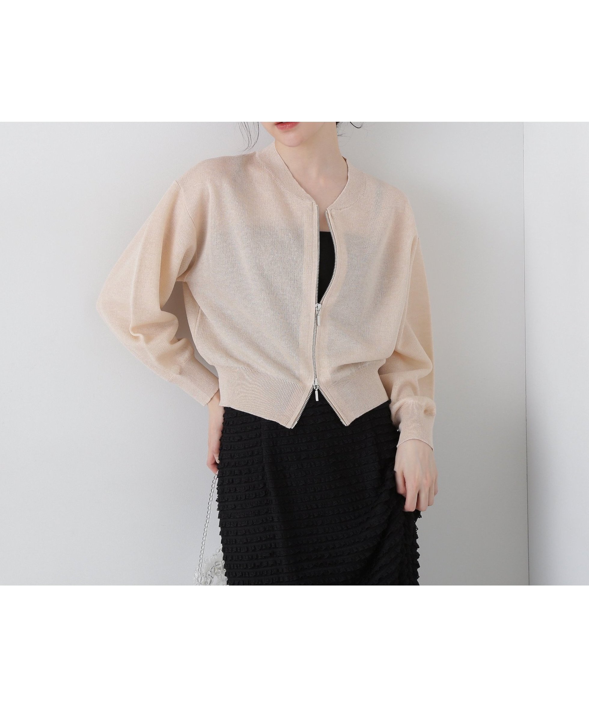 【プロポーション ボディドレッシング/PROPORTION BODY DRESSING】のシアーニットブルゾン インテリア・キッズ・メンズ・レディースファッション・服の通販 founy(ファニー) 　ファッション　Fashion　レディースファッション　Fashion for Women　アウター　Coat / Outerwear Collection　ブルゾンジャケット・スポーティアウター　Blouson Jackets　トップス・カットソー　Cut & Sew Tops　ニット　Knit Tops & Sweaters　キャミソール　Camisole, Spaghetti Strap Top　シアー　Sheer, See-Through　フェミニン　Feminine, Girly　フロント　Front, Front Design　ベージュ|ID: prp329100004573431 ipo3291000000032713638