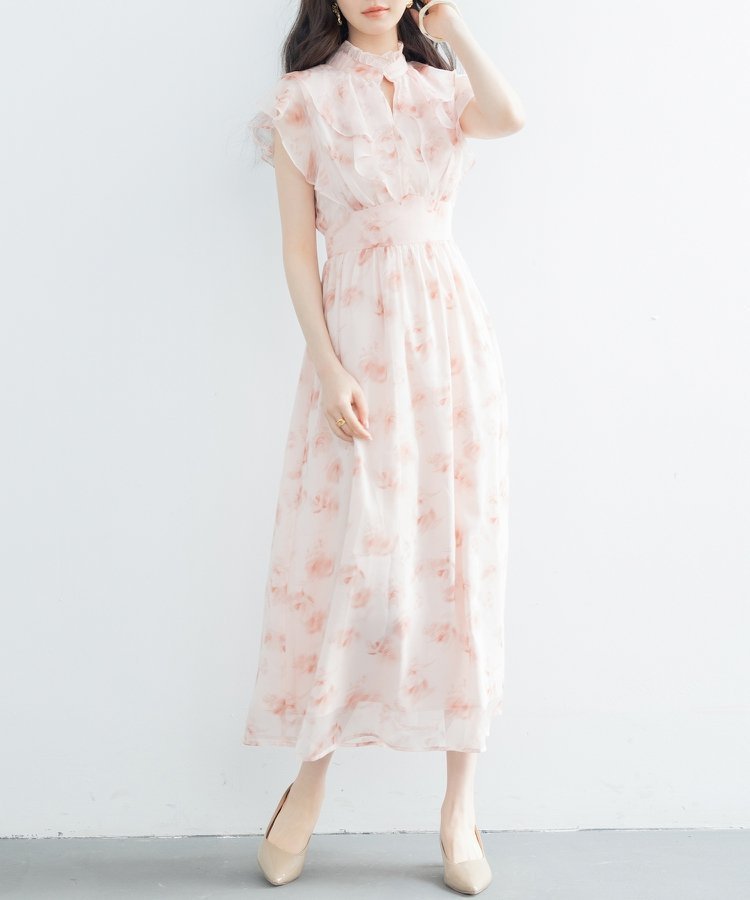 【セゾンドパピヨン/SAISON DE PAPILLON】の花柄シフォン生地ミモレ丈ワンピース インテリア・キッズ・メンズ・レディースファッション・服の通販 founy(ファニー) 　ファッション　Fashion　レディースファッション　WOMEN　ワンピース　Dress　シフォン　Chiffon　ジャケット　Jacket　スタンド　Stand　フリル　Frills　ミモレ　Mimore　夏　Summer　春　Spring　S/S・春夏　Ss・Spring/Summer　ピンク|ID: prp329100004573511 ipo3291000000032368591