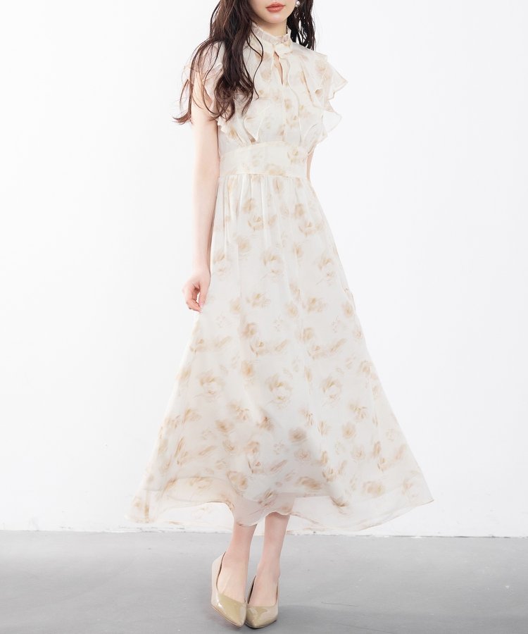 【セゾンドパピヨン/SAISON DE PAPILLON】の花柄シフォン生地ミモレ丈ワンピース インテリア・キッズ・メンズ・レディースファッション・服の通販 founy(ファニー) 　ファッション　Fashion　レディースファッション　WOMEN　ワンピース　Dress　シフォン　Chiffon　ジャケット　Jacket　スタンド　Stand　フリル　Frills　ミモレ　Mimore　夏　Summer　春　Spring　S/S・春夏　Ss・Spring/Summer　ブラウン|ID: prp329100004573511 ipo3291000000032368593