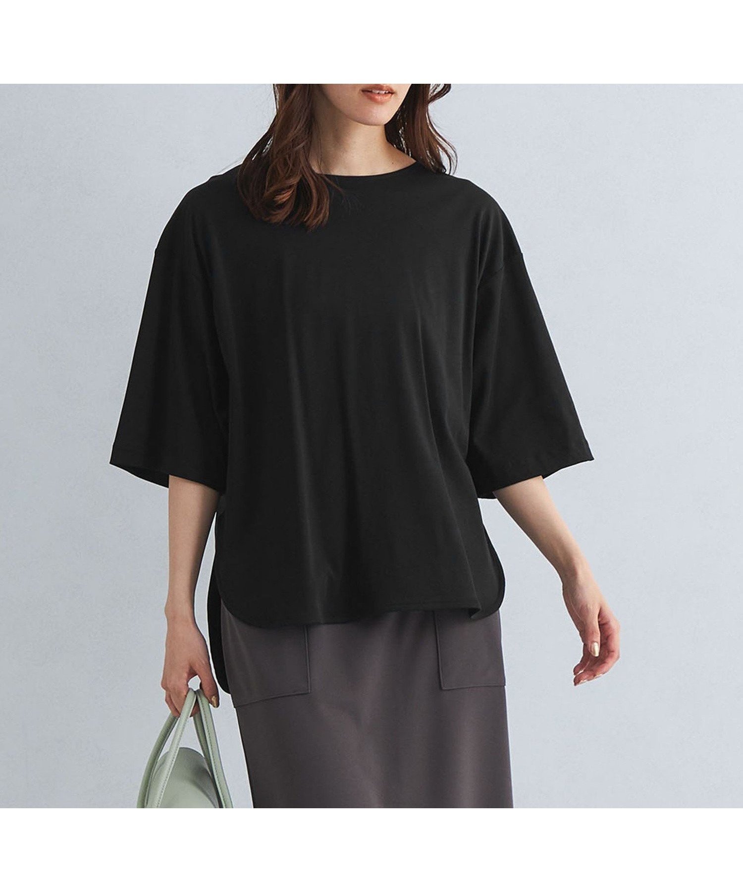 【ユナイテッドアローズ/UNITED ARROWS】のKOKAGE タック ラウンドヘム プルオーバー カットソー -接触冷感・UVカット- インテリア・キッズ・メンズ・レディースファッション・服の通販 founy(ファニー) 　ファッション　Fashion　レディースファッション　Fashion for Women　トップス・カットソー　Cut & Sew Tops　カジュアルプルオーバー・ニットトップス　Pullovers & Knit Tops / Casual Pullovers　カットソー・ベーシックTシャツ　Cut-and-Sewn Tops / Stretch Tees & Basics　おすすめ　Recommended / Our Picks　カットソー　Cut and Sewn Top　シンプル　Simple, Minimal　フロント　Front, Front Design　ポンチョ　Poncho, Cape Style　ワイド　Wide, Wide Fit　夏　Summer　春　Spring　BLACK|ID: prp329100004573643 ipo3291000000033506085