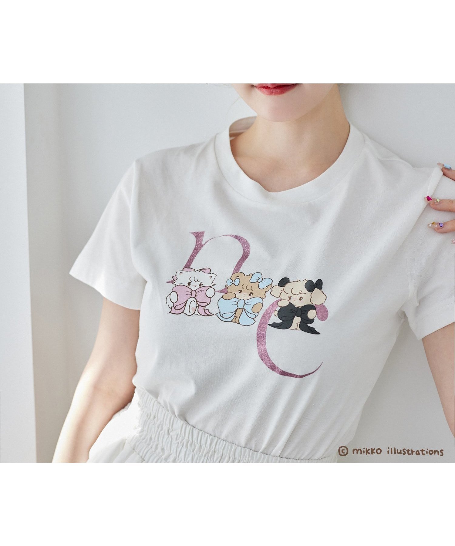 【ナイスクラップ/NICE CLAUP】の【mikko コラボ】プリントTシャツ インテリア・キッズ・メンズ・レディースファッション・服の通販 founy(ファニー) 　ファッション　Fashion　レディースファッション　WOMEN　トップス・カットソー　Tops/Tshirt　シャツ/ブラウス　Shirts/Blouses　ロング / Tシャツ　T-Shirts　おすすめ　Recommend　ガーリー　Girly　コラボ　Collaboration　ショート　Short　デニム　Denim　トレンド　Trend　フリル　Frills　フロント　Front　プリント　Print　プリーツ　Pleats　ミニスカート　Mini Skirt　モチーフ　Motif　リボン　Ribbon　オフホワイト|ID: prp329100004573739 ipo3291000000032374176