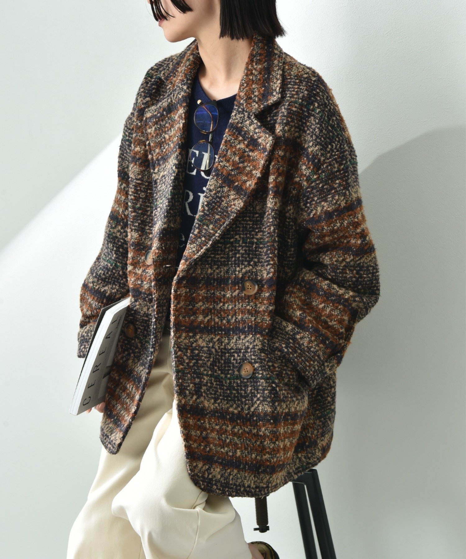 【インタープラネット/INTERPLANET】の【actuel】ブークレチェック柄コート インテリア・キッズ・メンズ・レディースファッション・服の通販 founy(ファニー) 　ファッション　Fashion　レディースファッション　Fashion for Women　アウター　Coat / Outerwear Collection　コート・ロングコート・ピーコート　Long Coats, Peacoats & More　オレンジ　Orange　シンプル　Simple, Minimal　ダブル　Double, Double-Breasted　チェック　Check, Plaid, Tartan　ベーシック　Basic, Essential　ルーズ　Loose, Oversized　冬　Winter / This Winter　チェックオレンジ|ID: prp329100004573859 ipo3291000000033633139