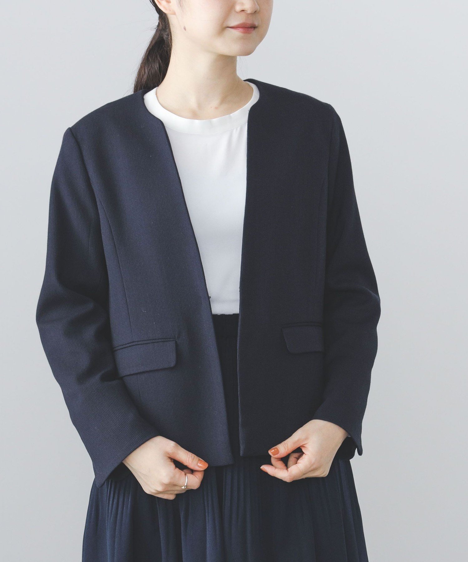 【ビームス ハート/BEAMS HEART】のドビー ノーカラージャケット(S~M) インテリア・キッズ・メンズ・レディースファッション・服の通販 founy(ファニー) 　ファッション　Fashion　レディースファッション　Ladies' Fashion Online　アウター　Coat Outerwear　ジャケット　Jackets　ノーカラージャケット　No Collar Leather Jackets　インナー　Inner　カットソー　Cut And Sew　ジャケット　Jacket　セットアップ　Set Up　ファブリック　Fabric　フィット　Fit　フロント　Front　おすすめ　Recommend　エレガント 上品　Elegant　セレモニー　Ceremony　入学式　Entrance Ceremony　卒業式　Graduation Ceremony　結婚式　Wedding Ceremony　披露宴　Wedding Reception　NAVY|ID: prp329100004574047 ipo3291000000032379215