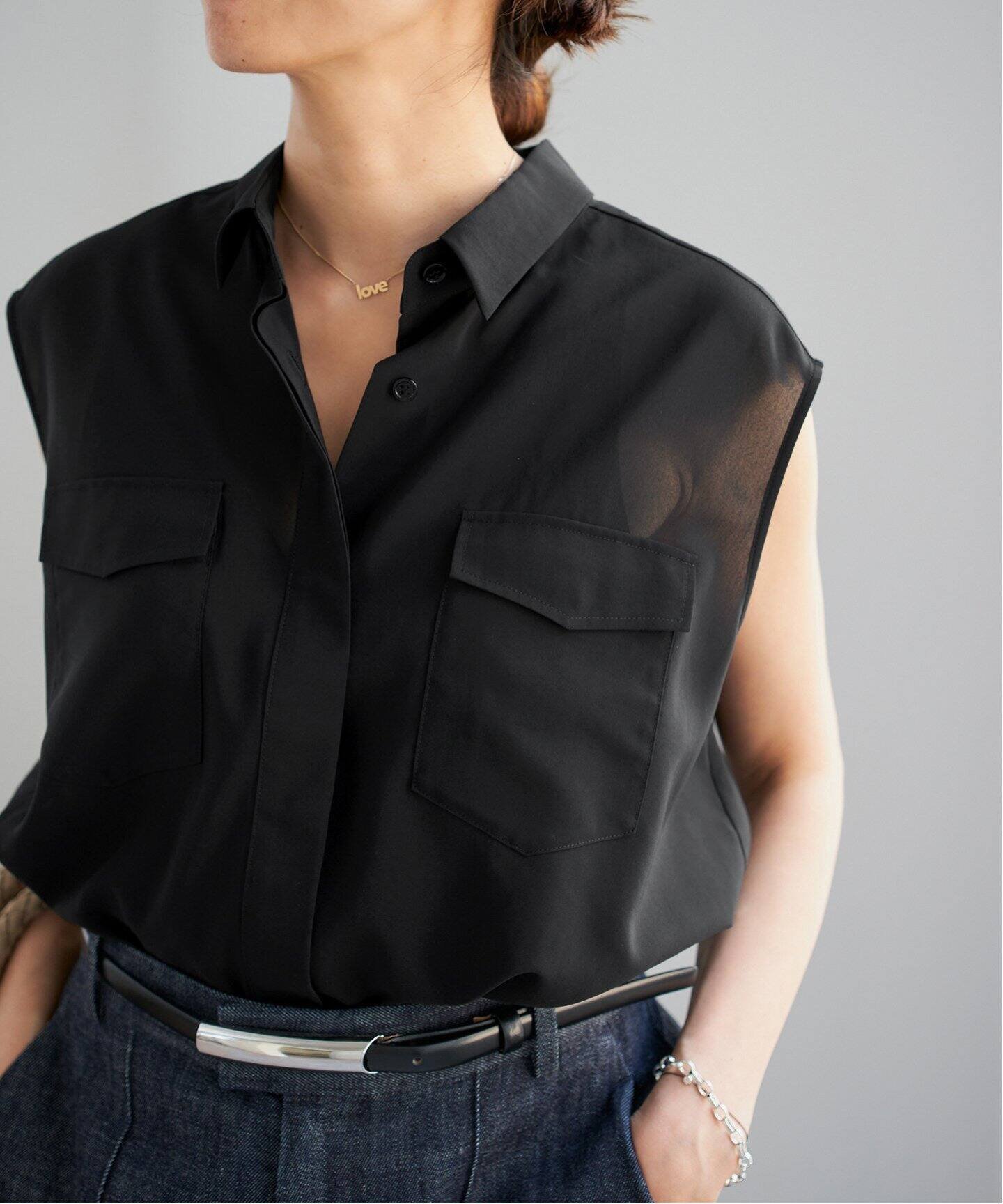 【イエナ/IENA】のノースリーブシアーシャツ インテリア・キッズ・メンズ・レディースファッション・服の通販 founy(ファニー) 　ファッション　Fashion　レディースファッション　Ladies' Fashion Online　トップス・カットソー　Tops/Tshirt　キャミソール / ノースリーブ　No Sleeves　シャツ/ブラウス　Shirts/Blouses　2025年　2025　2025春夏・S/S　Ss,Spring/Summer,2025　シアー　Sheer　ノースリーブ　No Sleeve　バランス　Balance　ポケット　Pocket　ミックス　Mix　ワーク　Work　エレガント 上品　Elegant　夏　Summer　ブラック|ID: prp329100004574147 ipo3291000000032609394