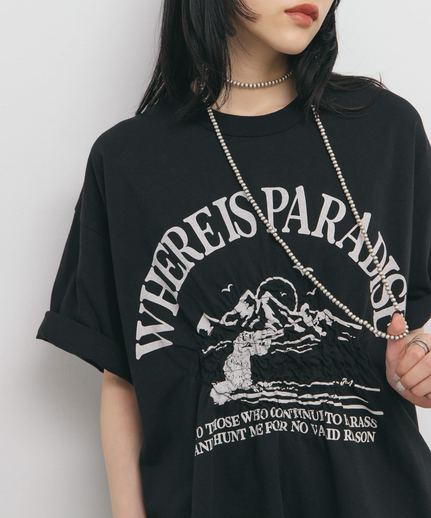 【ケービーエフ/KBF / URBAN RESEARCH】のシャーリングプリントTEE インテリア・キッズ・メンズ・レディースファッション・服の通販 founy(ファニー) 　ファッション　Fashion　レディースファッション　WOMEN　2025年　2025　2025春夏・S/S　Ss,Spring/Summer,2025　ギャザー　Gather　シャーリング　Shirring　プリント　Print　ボトム　Bottom　リメイク　Remake　夏　Summer　S/S・春夏　Ss・Spring/Summer　BLACK|ID: prp329100004574401 ipo3291000000032382747