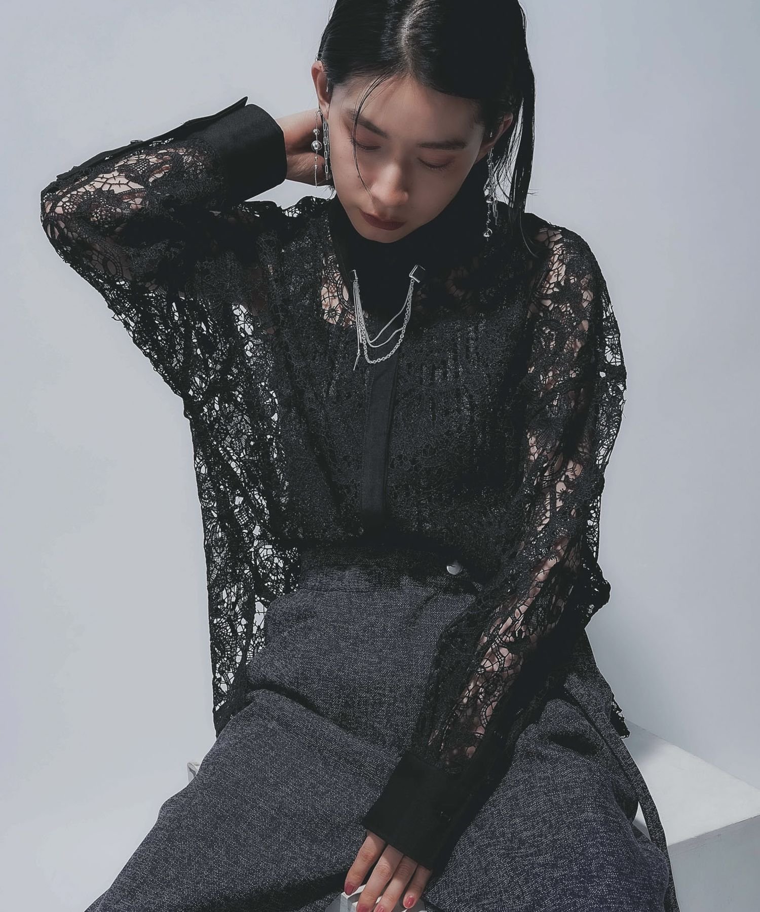 【ハレ/HARE】のミドルレースシャツ インテリア・キッズ・メンズ・レディースファッション・服の通販 founy(ファニー) 　ファッション　Fashion　レディースファッション　Ladies' Fashion Online　トップス・カットソー　Tops/Tshirt　シャツ/ブラウス　Shirts/Blouses　インナー　Inner　ウェーブ　Wave　ストレート　Straight　セットアップ　Set Up　タンク　Tank　フレア　Flare　レース　Race　エレガント 上品　Elegant　羽織　Haori　ブラック09|ID: prp329100004574683 ipo3291000000032521346