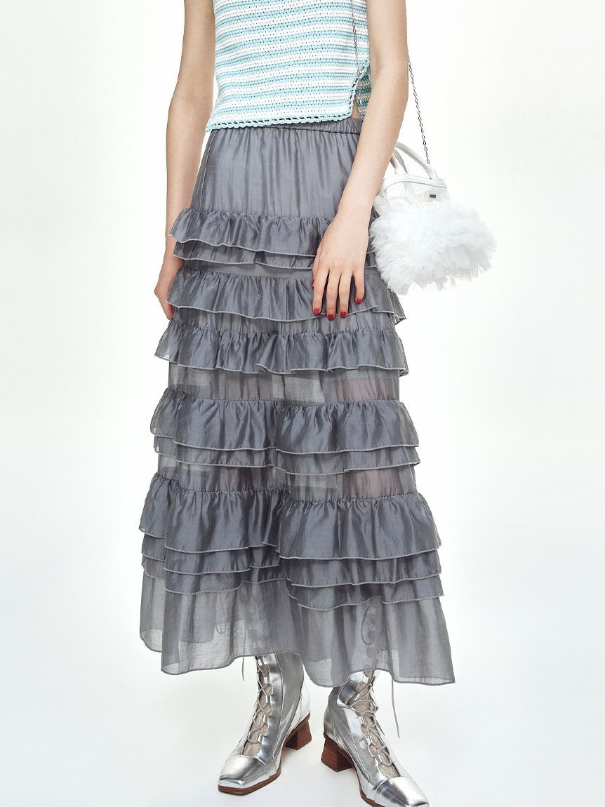 【ファーファー/FURFUR】のシアーフリルティアードスカート インテリア・キッズ・メンズ・レディースファッション・服の通販 founy(ファニー) 　ファッション　Fashion　レディースファッション　Ladies' Fashion Online　スカート　Skirt　ティアードスカート　Tiered Skirts　バランス　Balance　フェミニン　Feminine　フリル　Frills　フレア　Flare　LGRY[005]|ID: prp329100004574792 ipo3291000000032693840