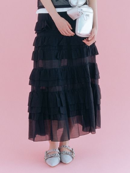 【ファーファー/FURFUR】のシアーフリルティアードスカート インテリア・キッズ・メンズ・レディースファッション・服の通販 founy(ファニー) 　ファッション　Fashion　レディースファッション　Ladies' Fashion Online　スカート　Skirt　ティアードスカート　Tiered Skirts　バランス　Balance　フェミニン　Feminine　フリル　Frills　フレア　Flare　BLK[009]|ID: prp329100004574792 ipo3291000000032693841