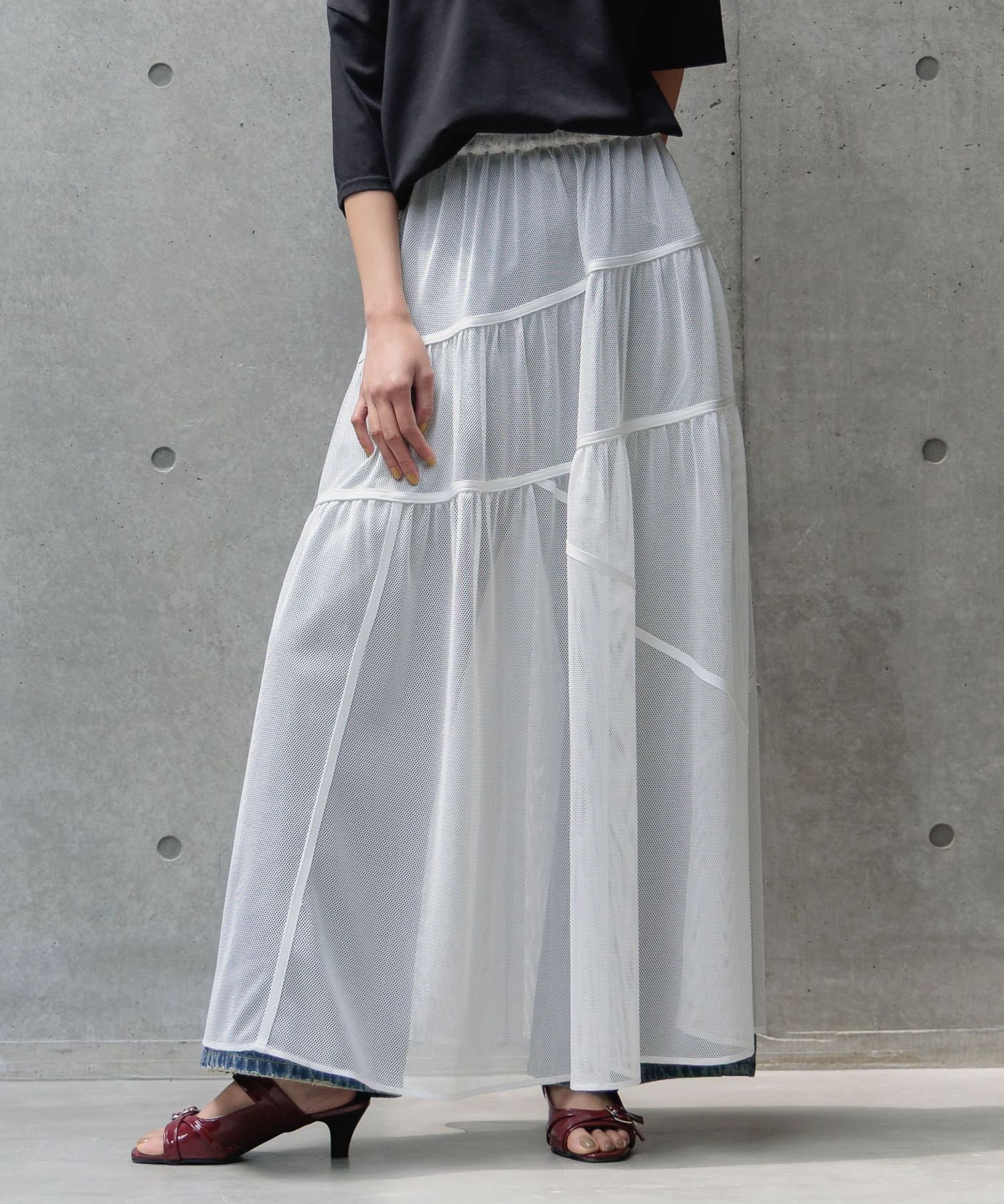 【ページボーイ/PAGEBOY】のキリカエメッシュスカート インテリア・キッズ・メンズ・レディースファッション・服の通販 founy(ファニー) 　ファッション　Fashion　レディースファッション　Fashion for Women　スカート　Skirts　おすすめ　Recommended / Our Picks　アシンメトリー　Asymmetrical Style　ギャザー　Gathered, Ruffled　ストライプ　Stripe, Striped Pattern　ターコイズ　Turquoise, Blue-Green　ティアードスカート　Tiered Skirt, Flounced Skirt　ペチコート　Petticoat, Underskirt　メッシュ　Mesh, Net Fabric　ホワイト06|ID: prp329100004574843 ipo3291000000032725246