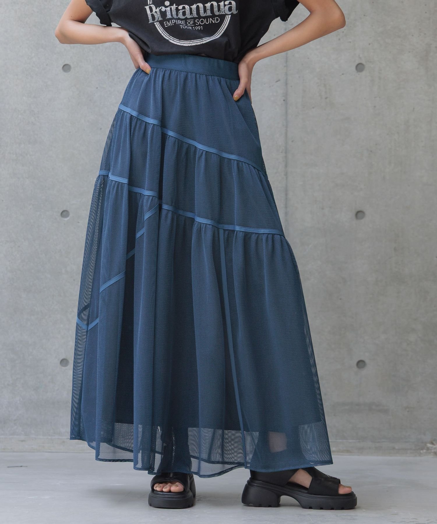 【ページボーイ/PAGEBOY】のキリカエメッシュスカート インテリア・キッズ・メンズ・レディースファッション・服の通販 founy(ファニー) 　ファッション　Fashion　レディースファッション　Fashion for Women　スカート　Skirts　おすすめ　Recommended / Our Picks　アシンメトリー　Asymmetrical Style　ギャザー　Gathered, Ruffled　ストライプ　Stripe, Striped Pattern　ターコイズ　Turquoise, Blue-Green　ティアードスカート　Tiered Skirt, Flounced Skirt　ペチコート　Petticoat, Underskirt　メッシュ　Mesh, Net Fabric　レトロブルー85|ID: prp329100004574843 ipo3291000000032725247