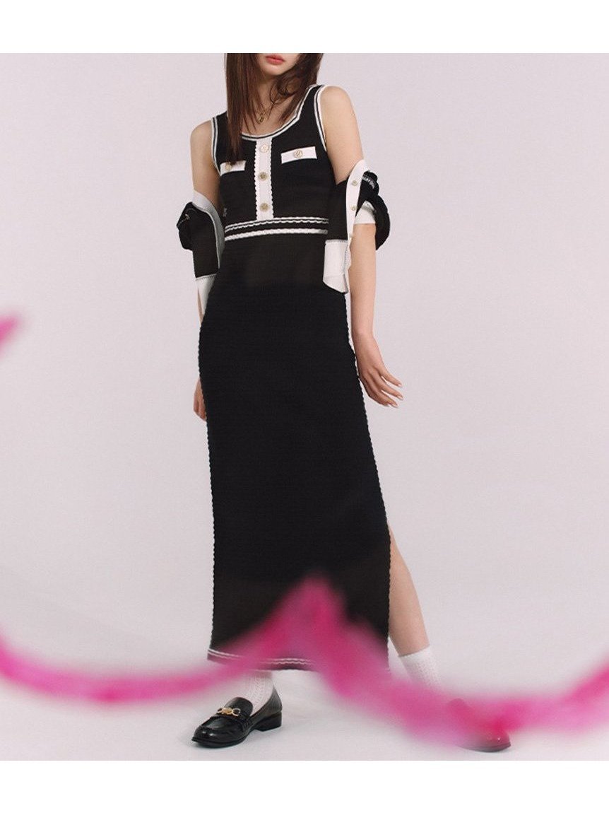 【リリーブラウン/Lily Brown】の【LILY BROWN×MARY QUANT】ニットワンピース インテリア・キッズ・メンズ・レディースファッション・服の通販 founy(ファニー) 　ファッション　Fashion　レディースファッション　WOMEN　ワンピース　Dress　ニットワンピース　Knit Dresses　エレガント 上品　Elegant　サマー　Summer　スリット　Slit　ブレード　Blade　ボーダー　Border　リゾート　Resort　BLK[009]|ID: prp329100004575139 ipo3291000000032391605