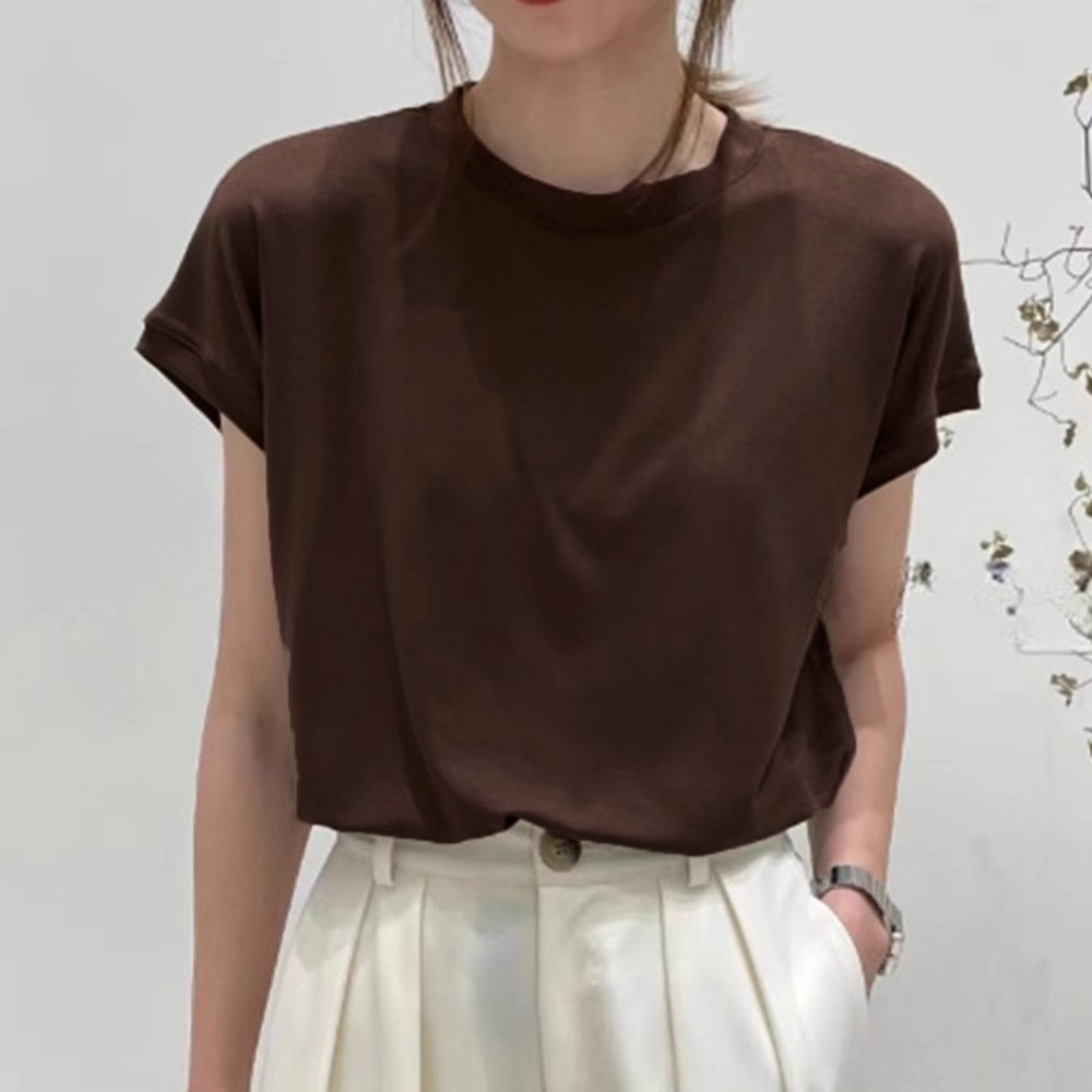 【ミニミニストア/miniministore】のフレンチスリーブ 半袖 Tシャツ 韓国風 インテリア・キッズ・メンズ・レディースファッション・服の通販 founy(ファニー) 　ファッション　Fashion　レディースファッション　Fashion for Women　トップス・カットソー　Cut & Sew Tops　シャツ・ブラウス・オフィスカジュアル　Elegant Blouses & Button-Ups　ロングTシャツ・Tシャツ　Longline T-Shirts & Tees　イエロー　Yellow　カットソー　Cut and Sewn Top　シンプル　Simple, Minimal　スプリング　Spring, Spring Collection　スリーブ　Sleeve, Long Sleeve / Short Sleeve　ダウン　Down, Puffer　定番　Standard, Basic Item　フレンチ　French, French Style　ベーシック　Basic, Essential　ボトム　Bottoms, Lower Wear　半袖　Short Sleeve, Half Sleeve　無地　Plain, Solid Color　おすすめ　Recommended / Our Picks　夏　Summer　ビジネス 仕事 通勤　Business / Work / Commuting　ダークブラウン|ID: prp329100004575619 ipo3291000000033568002