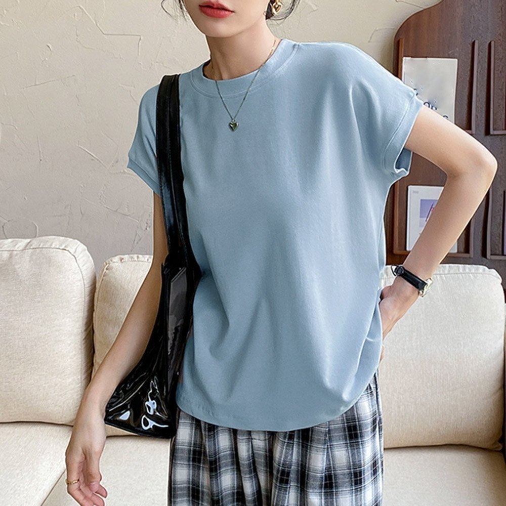 【ミニミニストア/miniministore】のフレンチスリーブ 半袖 Tシャツ 韓国風 インテリア・キッズ・メンズ・レディースファッション・服の通販 founy(ファニー) 　ファッション　Fashion　レディースファッション　Fashion for Women　トップス・カットソー　Cut & Sew Tops　シャツ・ブラウス・オフィスカジュアル　Elegant Blouses & Button-Ups　ロングTシャツ・Tシャツ　Longline T-Shirts & Tees　イエロー　Yellow　カットソー　Cut and Sewn Top　シンプル　Simple, Minimal　スプリング　Spring, Spring Collection　スリーブ　Sleeve, Long Sleeve / Short Sleeve　ダウン　Down, Puffer　定番　Standard, Basic Item　フレンチ　French, French Style　ベーシック　Basic, Essential　ボトム　Bottoms, Lower Wear　半袖　Short Sleeve, Half Sleeve　無地　Plain, Solid Color　おすすめ　Recommended / Our Picks　夏　Summer　ビジネス 仕事 通勤　Business / Work / Commuting　ライトブルー|ID: prp329100004575619 ipo3291000000033568005