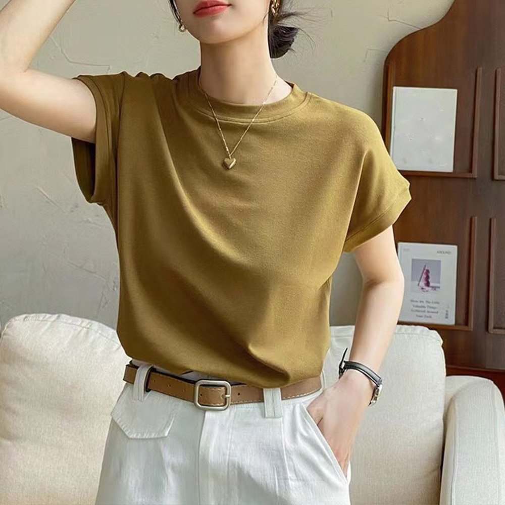 【ミニミニストア/miniministore】のフレンチスリーブ 半袖 Tシャツ 韓国風 インテリア・キッズ・メンズ・レディースファッション・服の通販 founy(ファニー) 　ファッション　Fashion　レディースファッション　Fashion for Women　トップス・カットソー　Cut & Sew Tops　シャツ・ブラウス・オフィスカジュアル　Elegant Blouses & Button-Ups　ロングTシャツ・Tシャツ　Longline T-Shirts & Tees　イエロー　Yellow　カットソー　Cut and Sewn Top　シンプル　Simple, Minimal　スプリング　Spring, Spring Collection　スリーブ　Sleeve, Long Sleeve / Short Sleeve　ダウン　Down, Puffer　定番　Standard, Basic Item　フレンチ　French, French Style　ベーシック　Basic, Essential　ボトム　Bottoms, Lower Wear　半袖　Short Sleeve, Half Sleeve　無地　Plain, Solid Color　おすすめ　Recommended / Our Picks　夏　Summer　ビジネス 仕事 通勤　Business / Work / Commuting　モスイエロー|ID: prp329100004575619 ipo3291000000033568007