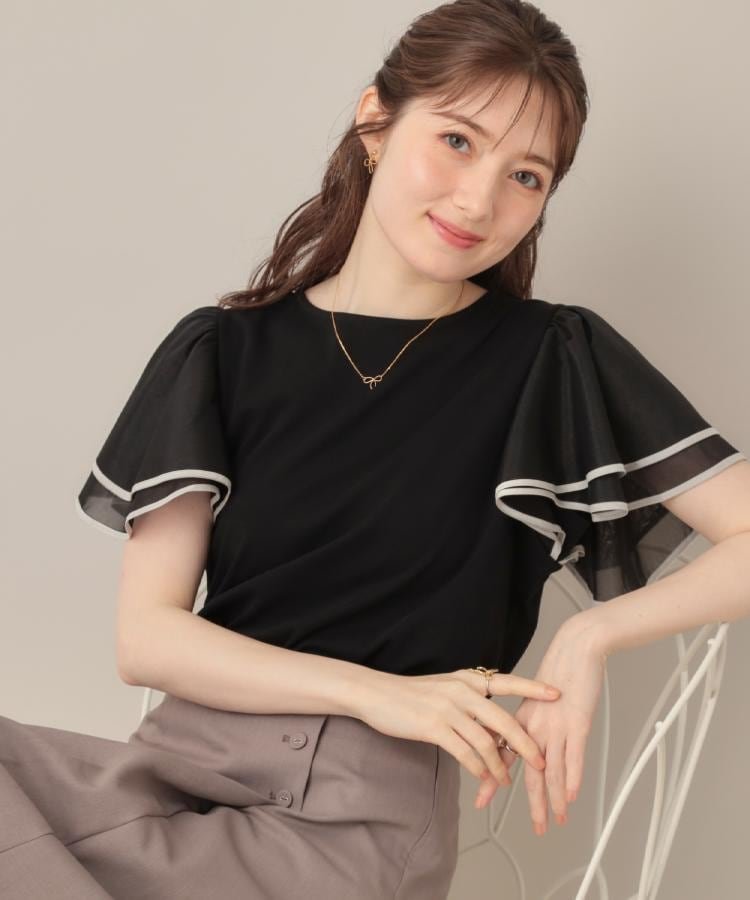 【クチュール ブローチ/Couture Brooch】の【マシンウォッシャブル・UVケア・接触冷感・二の腕カバー】配色フレアドッキングカットソー インテリア・キッズ・メンズ・レディースファッション・服の通販 founy(ファニー) 　ファッション　Fashion　レディースファッション　Fashion for Women　トップス・カットソー　Cut & Sew Tops　カットソー・ベーシックTシャツ　Cut-and-Sewn Tops / Stretch Tees & Basics　おすすめ　Recommended / Our Picks　カットソー　Cut and Sewn Top　シアー　Sheer, See-Through　トレンド　Trend, Trending Now　ドッキング　Docking, Mixed Material　フレア　Flare, Flared　ビジネス 仕事 通勤　Business / Work / Commuting　ブラック|ID: prp329100004575672 ipo3291000000032753188