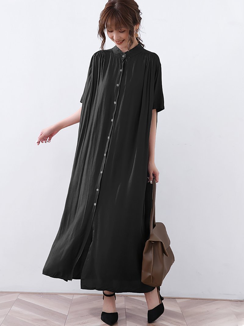 【ドゥーベル/Doux Belle】の【Doux Belle】ワンピース ロング丈 ロングわんぴ 半袖 インテリア・キッズ・メンズ・レディースファッション・服の通販 founy(ファニー) 　ファッション　Fashion　レディースファッション　Ladies' Fashion Online　ワンピース　Dress　ギャザー　Gather　トレンド　Trend　ポケット　Pocket　ロング　Long　半袖　Short Sleeve　夏　Summer　春　Spring　ブラック|ID: prp329100004575814 ipo3291000000032643485