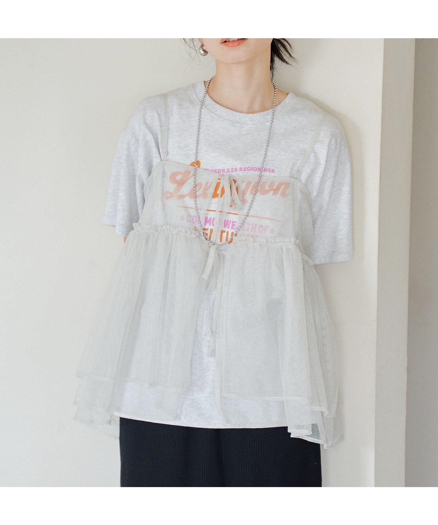【コーエン/COEN】の【セットアイテム】ラメチュールキャミセットロゴTシャツ インテリア・キッズ・メンズ・レディースファッション・服の通販 founy(ファニー) 　ファッション　Fashion　レディースファッション　Ladies' Fashion Online　トップス・カットソー　Tops/Tshirt　キャミソール / ノースリーブ　No Sleeves　シャツ/ブラウス　Shirts/Blouses　ロング / Tシャツ　T-Shirts　おすすめ　Recommend　エアリー　Airy　カーゴパンツ　Cargo Pants　キャミ　Cami　キャミソール　Camisole　シンプル　Simple　スラックス　Slacks　デニム　Denim　フェミニン　Feminine　ボトム　Bottom　マーメイド　Mermaid　ミックス　Mix　LT.GRAY|ID: prp329100004575951 ipo3291000000032624378