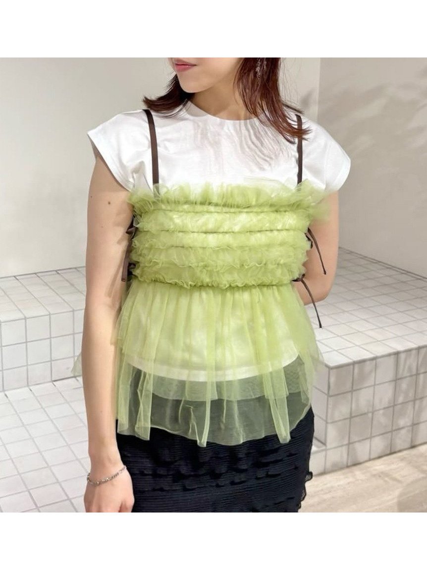 【リリーブラウン/Lily Brown】のチュールビスチェセットTシャツ インテリア・キッズ・メンズ・レディースファッション・服の通販 founy(ファニー) 　雑誌掲載アイテム　Magazine Items　ファッション雑誌　Fashion Magazines　キャンキャン　CanCam　ファッション　Fashion　レディースファッション　Ladies' Fashion Online　トップス・カットソー　Tops/Tshirt　シャツ/ブラウス　Shirts/Blouses　ロング / Tシャツ　T-Shirts　ビスチェ　Bustier　7月号　July Issue　おすすめ　Recommend　アシンメトリー　Asymmetry　カットソー　Cut And Sew　キャミソール　Camisole　チュール　Tulle　フィット　Fit　リボン　Ribbon　エレガント 上品　Elegant　人気　Popularity　雑誌　Magazine　GRN[024]|ID: prp329100004575982 ipo3291000000032580372