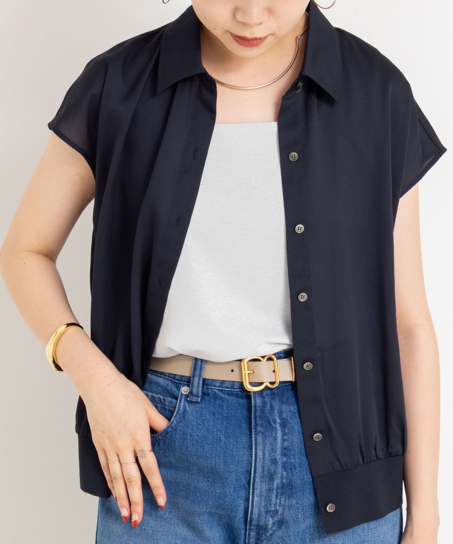 【ノーリーズ/NOLLEY'S】の裾リブサテンシフォンフレンチシャツ インテリア・キッズ・メンズ・レディースファッション・服の通販 founy(ファニー) 　ファッション　Fashion　レディースファッション　Fashion for Women　トップス・カットソー　Cut & Sew Tops　シャツ・ブラウス・オフィスカジュアル　Elegant Blouses & Button-Ups　2025年　2025　2025春夏・S/S　Spring/Summer 2025 SS25　おすすめ　Recommended / Our Picks　エレガント 上品　Elegant　シアー　Sheer, See-Through　ドッキング　Docking, Mixed Material　人気　Popular, Best Seller　半袖　Short Sleeve, Half Sleeve　夏　Summer　春　Spring　羽織　Haori, Light Jacket　ビジネス 仕事 通勤　Business / Work / Commuting　ネイビー|ID: prp329100004576249 ipo3291000000033550920