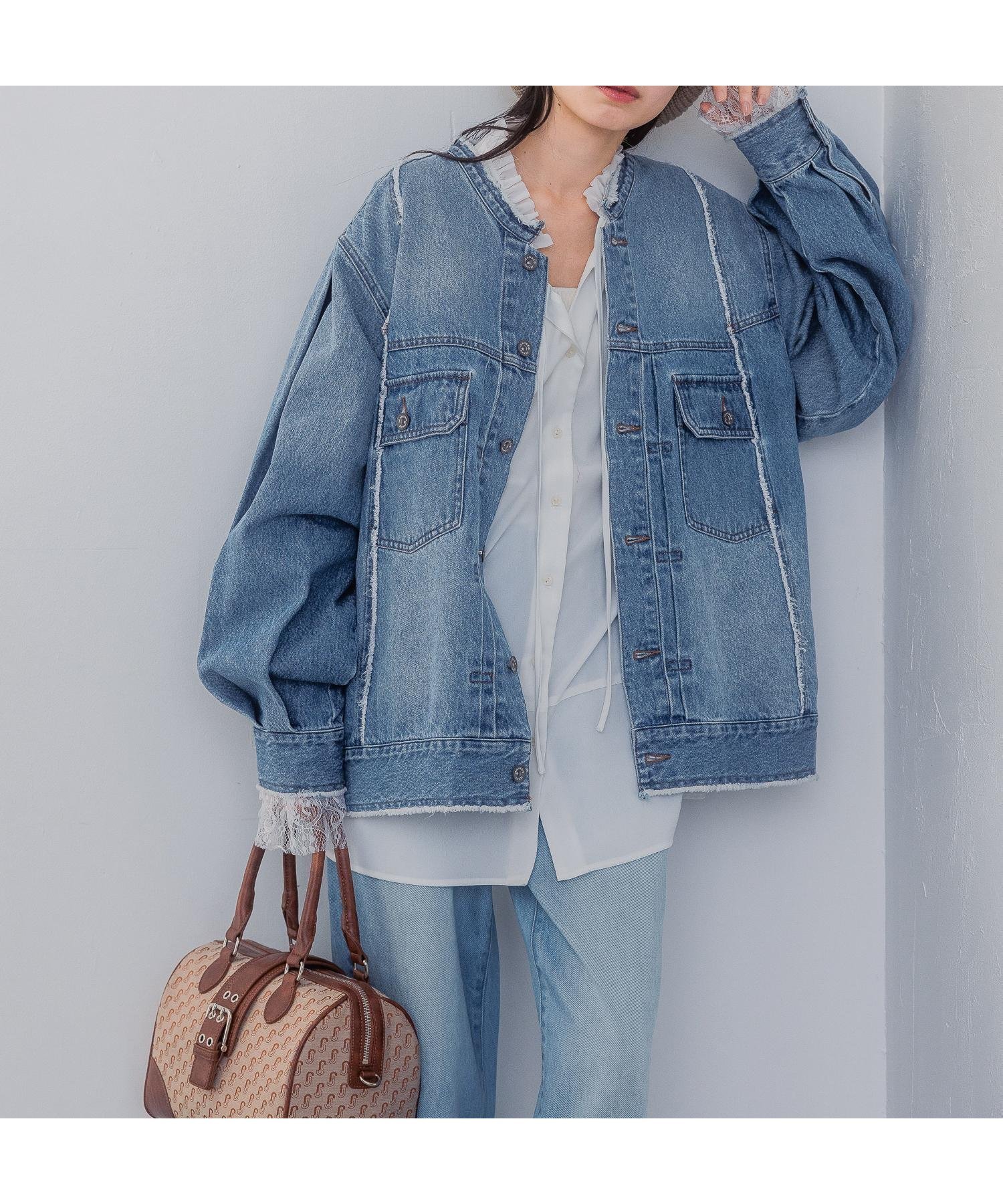 【ジーナシス/JEANASiS】のリメイクノーカラーGジャン インテリア・キッズ・メンズ・レディースファッション・服の通販 founy(ファニー) 　ファッション　Fashion　レディースファッション　Ladies' Fashion Online　アウター　Coat Outerwear　おすすめ　Recommend　スリーブ　Sleeve　デニム　Denim　トレンド　Trend　ビンテージ　Vintage　フォルム　Form　フリンジ　Fringe　フロント　Front　ボトム　Bottom　ミドル　Middle　リメイク　Remake　今季　This Season　ブルー系その他|ID: prp329100004576586 ipo3291000000032683043