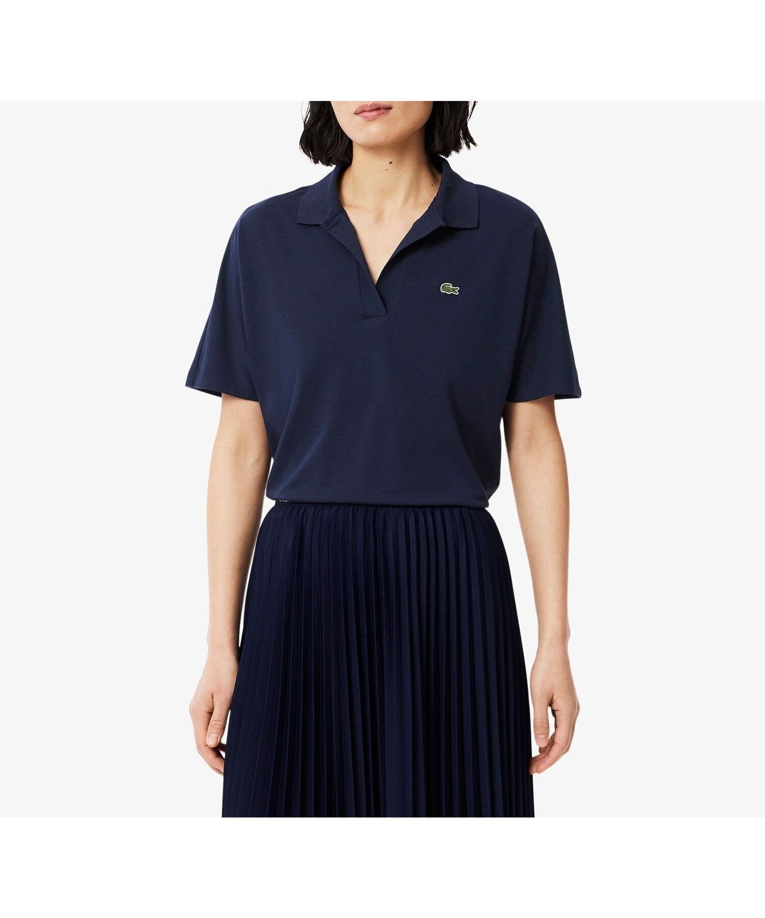【ラコステ/LACOSTE】のサイドスリット スキッパーネック ドレープポロシャツ インテリア・キッズ・メンズ・レディースファッション・服の通販 founy(ファニー) 　ファッション　Fashion　レディースファッション　Fashion for Women　トップス・カットソー　Cut & Sew Tops　シャツ・ブラウス・オフィスカジュアル　Elegant Blouses & Button-Ups　ポロシャツ・きれいめカジュアル　Smart-Casual Polo Tops　エレガント 上品　Elegant　スキッパー　Skipper, Open Collar　スリット　Slit, Slit Detail　ドレープ　Drape, Draping Fabric　鹿の子　Piqué, Kanoko Fabric　ネイビー|ID: prp329100004577363 ipo3291000000032788379