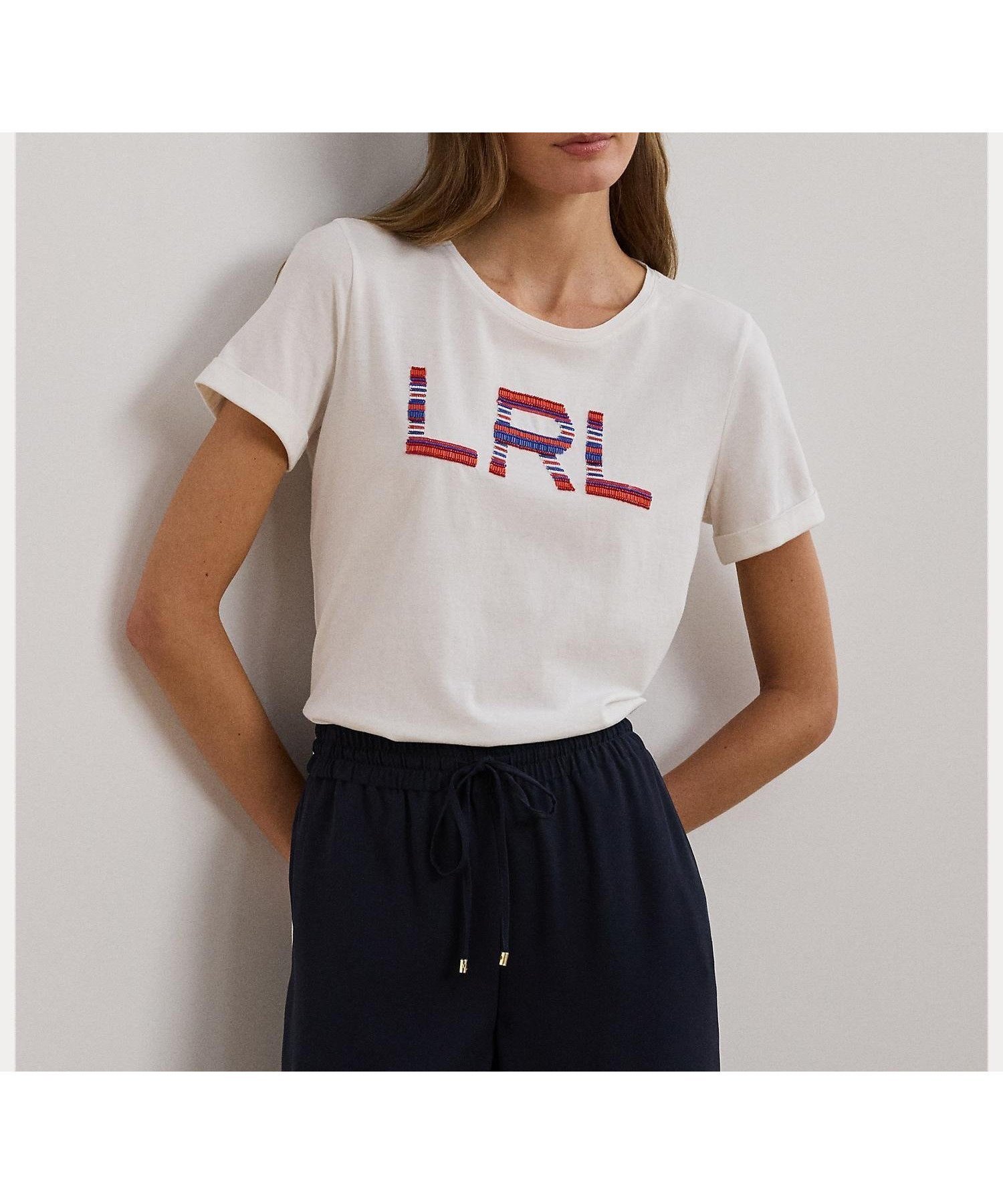 【ラルフローレン/RALPH LAUREN】のビーデッドロゴ コットン ジャージー Tシャツ インテリア・キッズ・メンズ・レディースファッション・服の通販 founy(ファニー) 　ファッション　Fashion　レディースファッション　Ladies' Fashion Online　トップス・カットソー　Tops/Tshirt　シャツ/ブラウス　Shirts/Blouses　ロング / Tシャツ　T-Shirts　カフス　Cuffs　ジャージー　Jersey　ストライプ　Stripe　フィット　Fit　ラウンド　Round　リラックス　Relax　半袖　Short Sleeve　100ホワイト|ID: prp329100004578144 ipo3291000000032654716