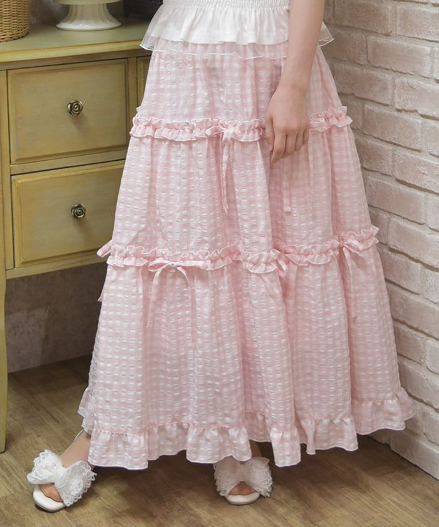 【アクシーズファム/axes femme】のギンガムティアードスカート インテリア・キッズ・メンズ・レディースファッション・服の通販 founy(ファニー) 　ファッション　Fashion　レディースファッション　Fashion for Women　スカート　Skirts　ティアードスカート　Tiered Skirts　おすすめ　Recommended / Our Picks　カットソー　Cut and Sewn Top　ギャザー　Gathered, Ruffled　ティアード　Tiered, Tiered Style　リボン　Ribbon, Bow　ピンク|ID: prp329100004578153 ipo3291000000033582364