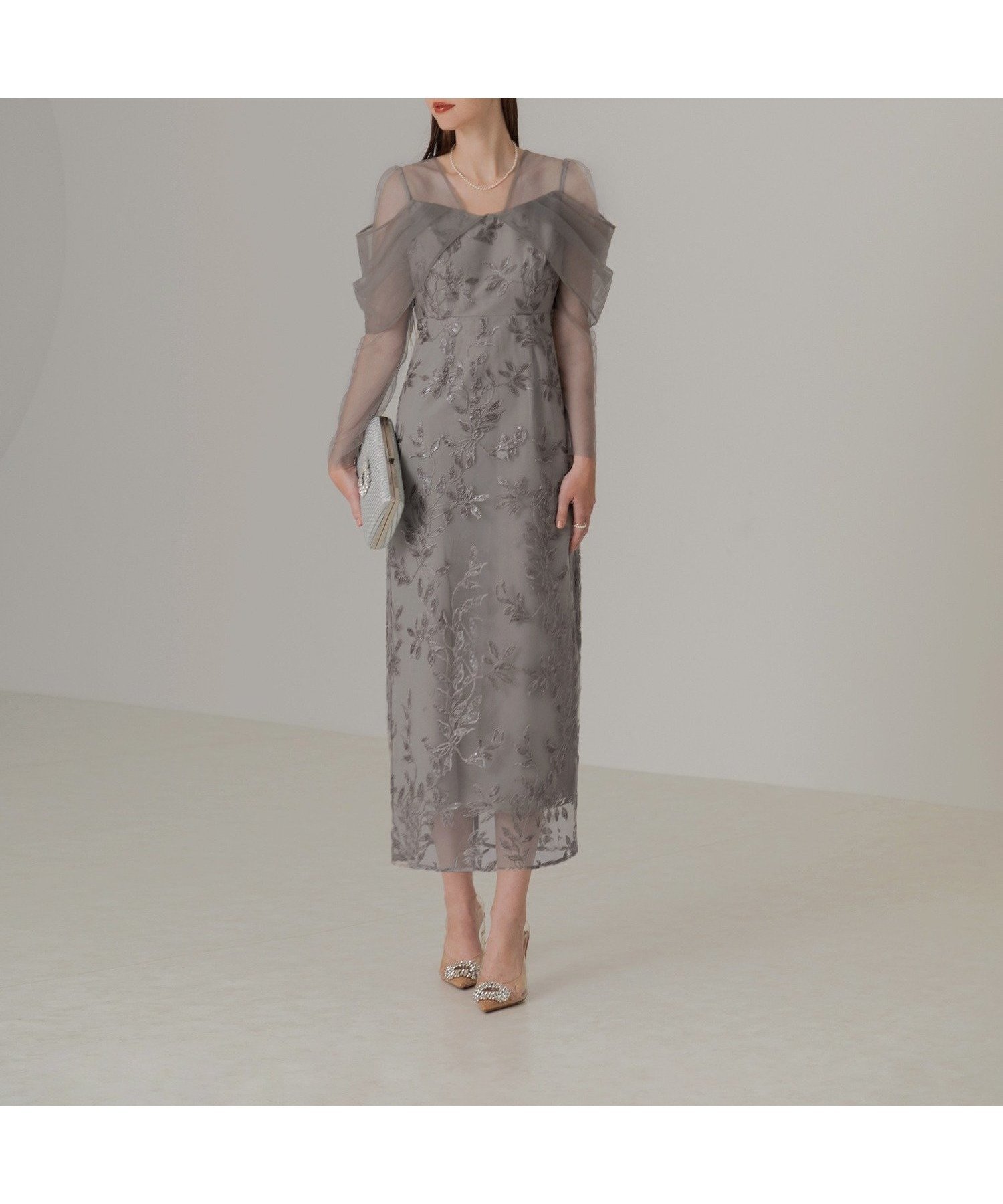 【その他のブランド/Other】のLEJA-チュールロングスリーブリーフIラインワンピースドレス 結婚式レディース インテリア・キッズ・メンズ・レディースファッション・服の通販 founy(ファニー) 　ファッション　Fashion　レディースファッション　Fashion for Women　ワンピース　Dresses　フォーマル・パーティードレス・結婚式用ドレス　Elegant & Casual Dresses　エレガント 上品　Elegant　オケージョン　Occasion Wear　シアー　Sheer, See-Through　スタイリッシュ　Stylish, Fashionable　スパンコール　Sequins, Sequin Embellishment　チュール　Tulip, Tulip Motif　ドレス　Dress, One-Piece　フォーマル　Formal, Dressy　マーメイド　Mermaid, Fishtail Silhouette　リーフ　Leaf, Botanical Leaf　結婚式　Wedding　披露宴　Wedding Reception　二次会　After Party　GRAY|ID: prp329100004578221 ipo3291000000032752419