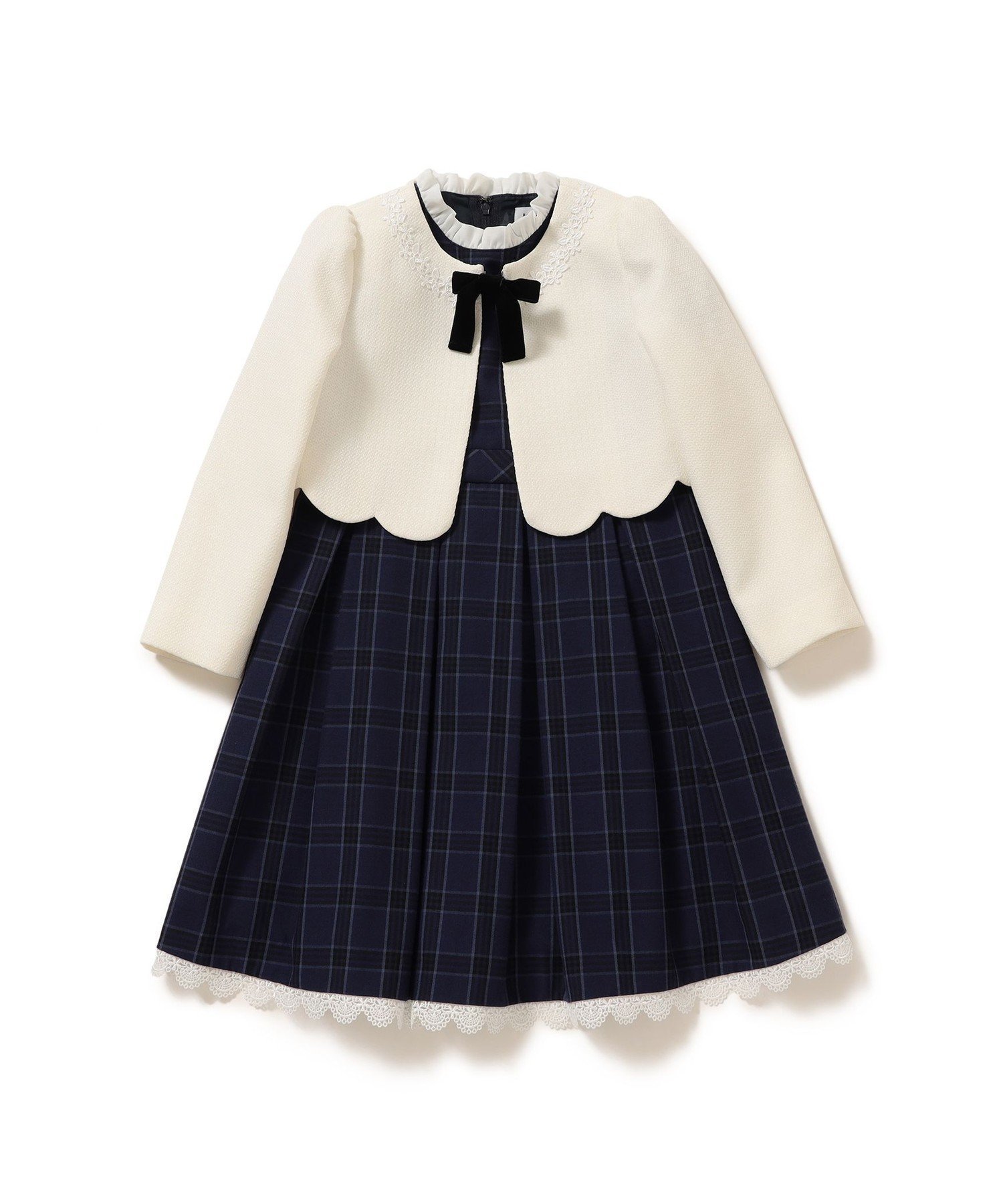 【ビーミングライフストアバイビームス/B:MING LIFE STORE by BEAMS / KIDS】の【4/24新規値下げ】セレモニー ワンピース ボレロ セット (100~130cm) ビームスセレモニー2025 25SS セレモニー 卒入園 入学式 卒業式 ハレの日 卒園式 入園式 インテリア・キッズ・メンズ・レディースファッション・服の通販 founy(ファニー) 　ファッション　Fashion　キッズファッション　Fashion for Kids　ワンピース　Dresses　2025年　2025　2025春夏・S/S　Spring/Summer 2025 SS25　ギャザー　Gathered, Ruffled　スカラップ　Scallop, Scalloped Edge　スタンド　Stand Collar, Upright Stand　セレモニー　Ceremony　チェック　Check, Plaid, Tartan　ボレロ　Bolero, Short Cardigan　リボン　Ribbon, Bow　レース　Lace, Lace Fabric　入学式　Entrance Ceremony　卒業式　Graduation Ceremony　結婚式　Wedding　OFF×NAVY|ID: prp329100004578303 ipo3291000000032738814
