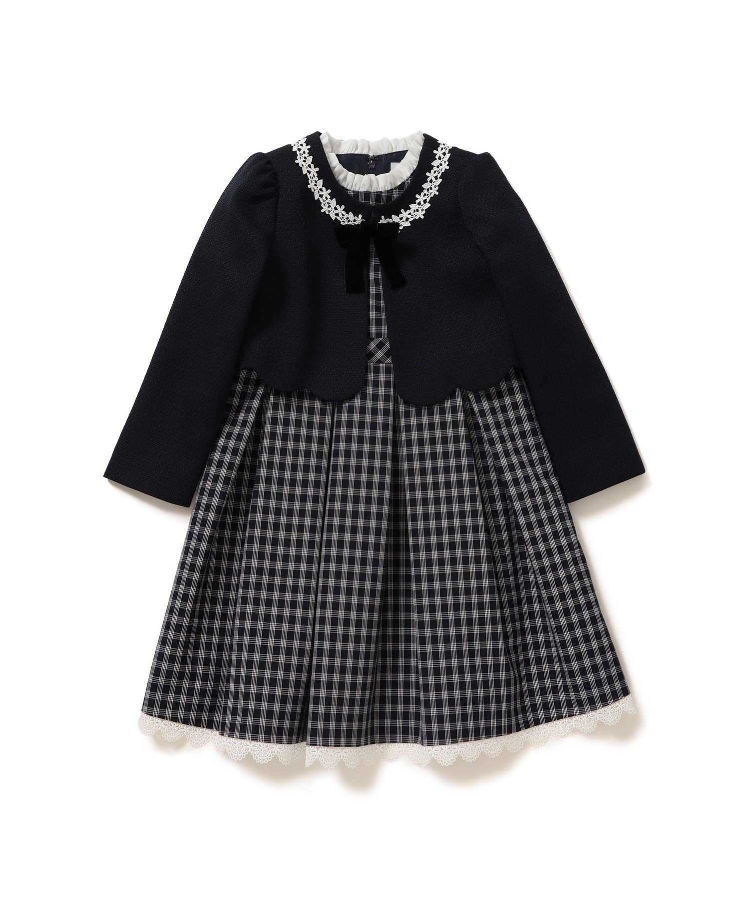 【ビーミングライフストアバイビームス/B:MING LIFE STORE by BEAMS / KIDS】のセレモニー ワンピース ボレロ セット (100~130cm) ビームスセレモニー2025 25SS フォーマル 卒入園 入学式 卒業式 ハレの日 卒園式 入園式 七五三 お呼ばれ インテリア・キッズ・メンズ・レディースファッション・服の通販 founy(ファニー) 　ファッション　Fashion　キッズファッション　Fashion for Kids　ワンピース　Dresses　2025年　2025　2025春夏・S/S　Spring/Summer 2025 SS25　ギャザー　Gathered, Ruffled　スカラップ　Scallop, Scalloped Edge　スタンド　Stand Collar, Upright Stand　セレモニー　Ceremony　チェック　Check, Plaid, Tartan　フォーマル　Formal, Dressy　ボレロ　Bolero, Short Cardigan　リボン　Ribbon, Bow　レース　Lace, Lace Fabric　入学式　Entrance Ceremony　卒業式　Graduation Ceremony　結婚式　Wedding　NAVY×NAVY|ID: prp329100004578303 ipo3291000000034773775
