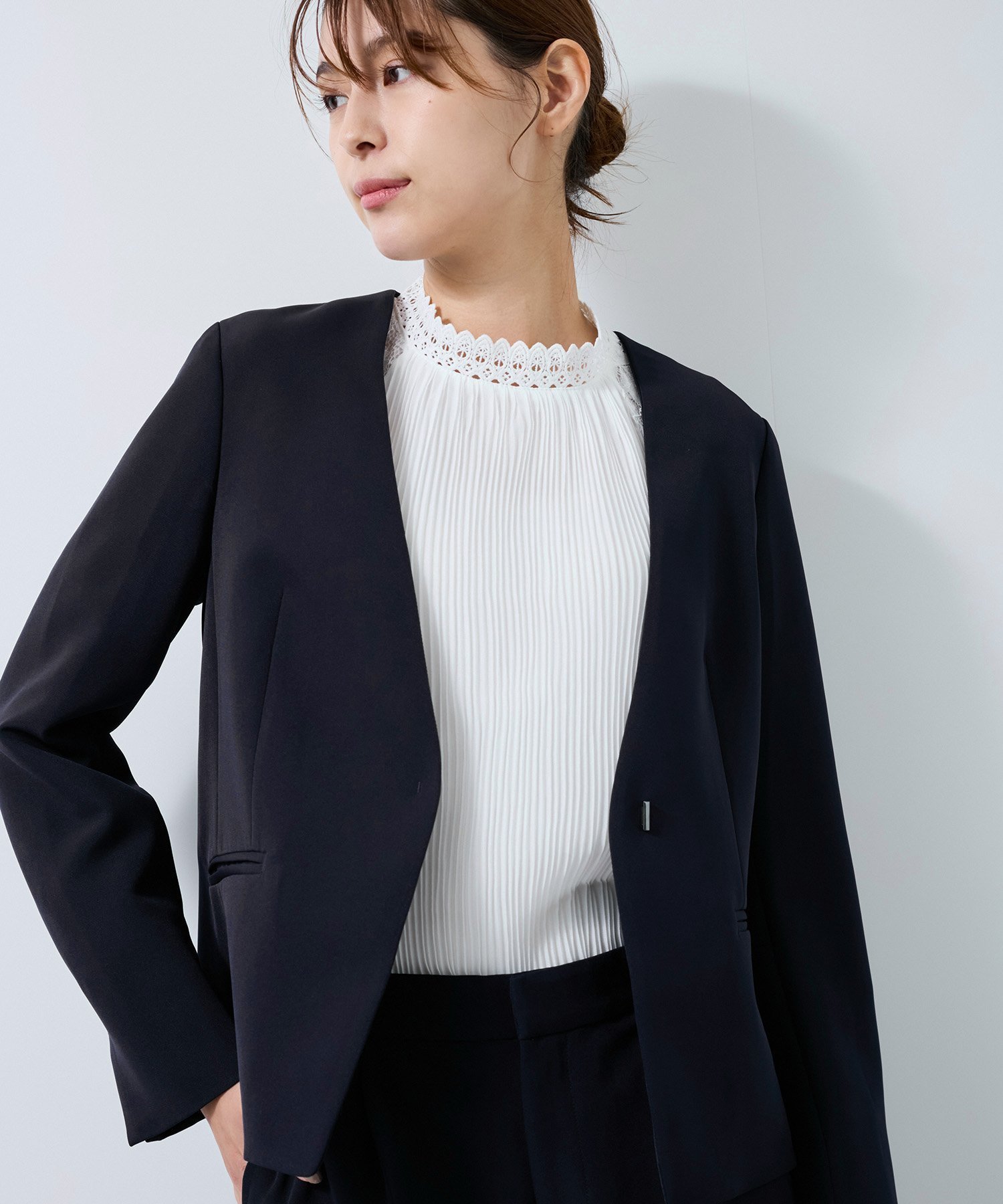 【ジャイロ/JAYRO】の【360度ストレッチ】セットアップ対応ノーカラージャケット インテリア・キッズ・メンズ・レディースファッション・服の通販 founy(ファニー) 　ファッション　Fashion　レディースファッション　Ladies' Fashion Online　アウター　Coat Outerwear　ジャケット　Jackets　ノーカラージャケット　No Collar Leather Jackets　ジャケット　Jacket　ストレッチ　Stretch　スリット　Slit　セットアップ　Set Up　タイトスカート　Tight Skirt　フォーマル　Formal　フロント　Front　ボトム　Bottom　ポケット　Pocket　おすすめ　Recommend　エレガント 上品　Elegant　ビジネス 仕事 通勤　Business　ネイビー(40)|ID: prp329100004578634 ipo3291000000032656521