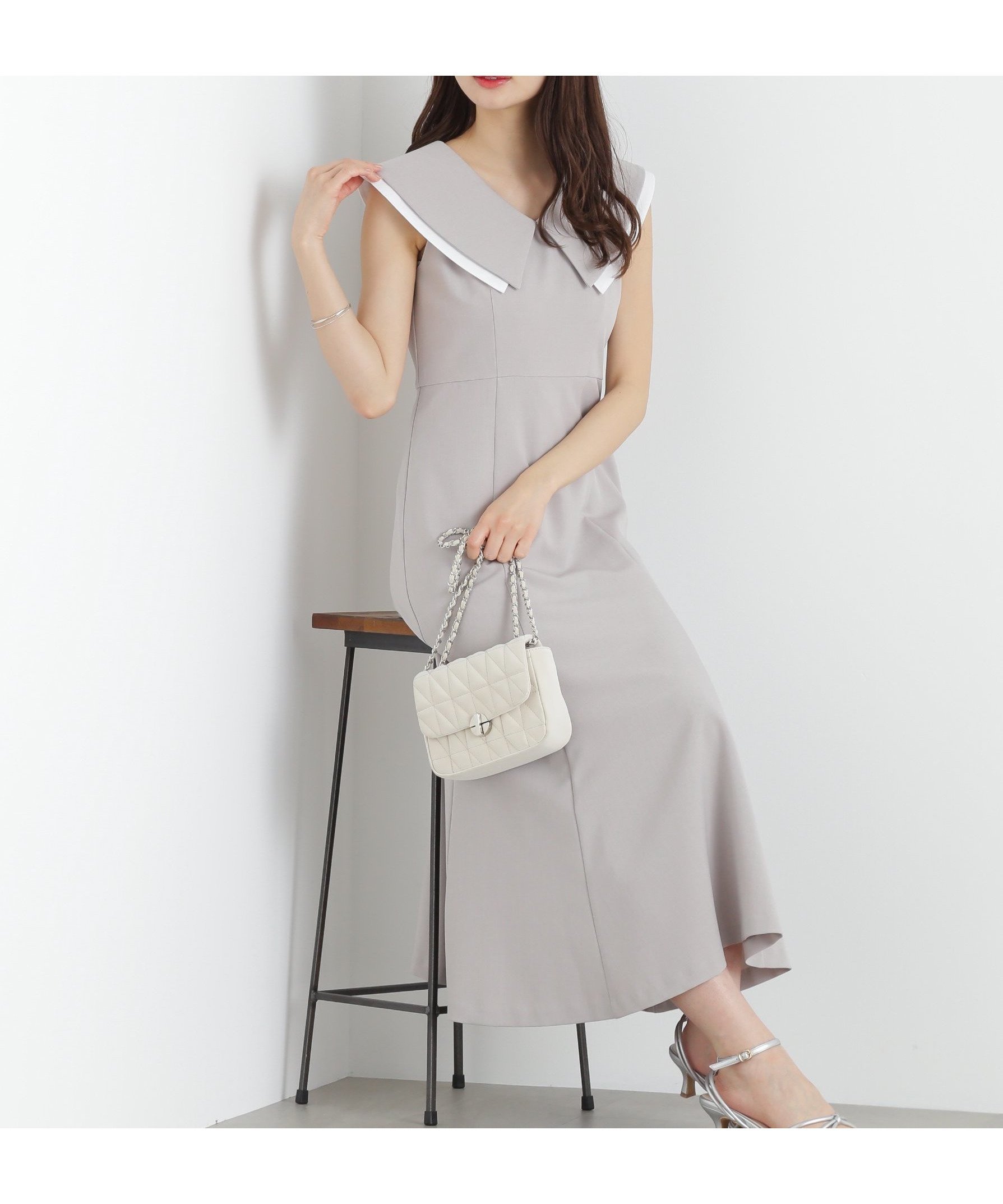 【プロポーション ボディドレッシング/PROPORTION BODY DRESSING】のビッグカラーマーメイドワンピース インテリア・キッズ・メンズ・レディースファッション・服の通販 founy(ファニー) 　ファッション　Fashion　レディースファッション　Fashion for Women　ワンピース　Dresses　おすすめ　Recommended / Our Picks　デコルテ　Décolleté, Neckline　ネックレス　Necklace, Pendant Necklace　ノースリーブ　Sleeveless, No-Sleeve　ビッグ　Big, Oversized　マーメイド　Mermaid, Fishtail Silhouette　エレガント 上品　Elegant　グレー×ホワイト|ID: prp329100004579380 ipo3291000000032761590