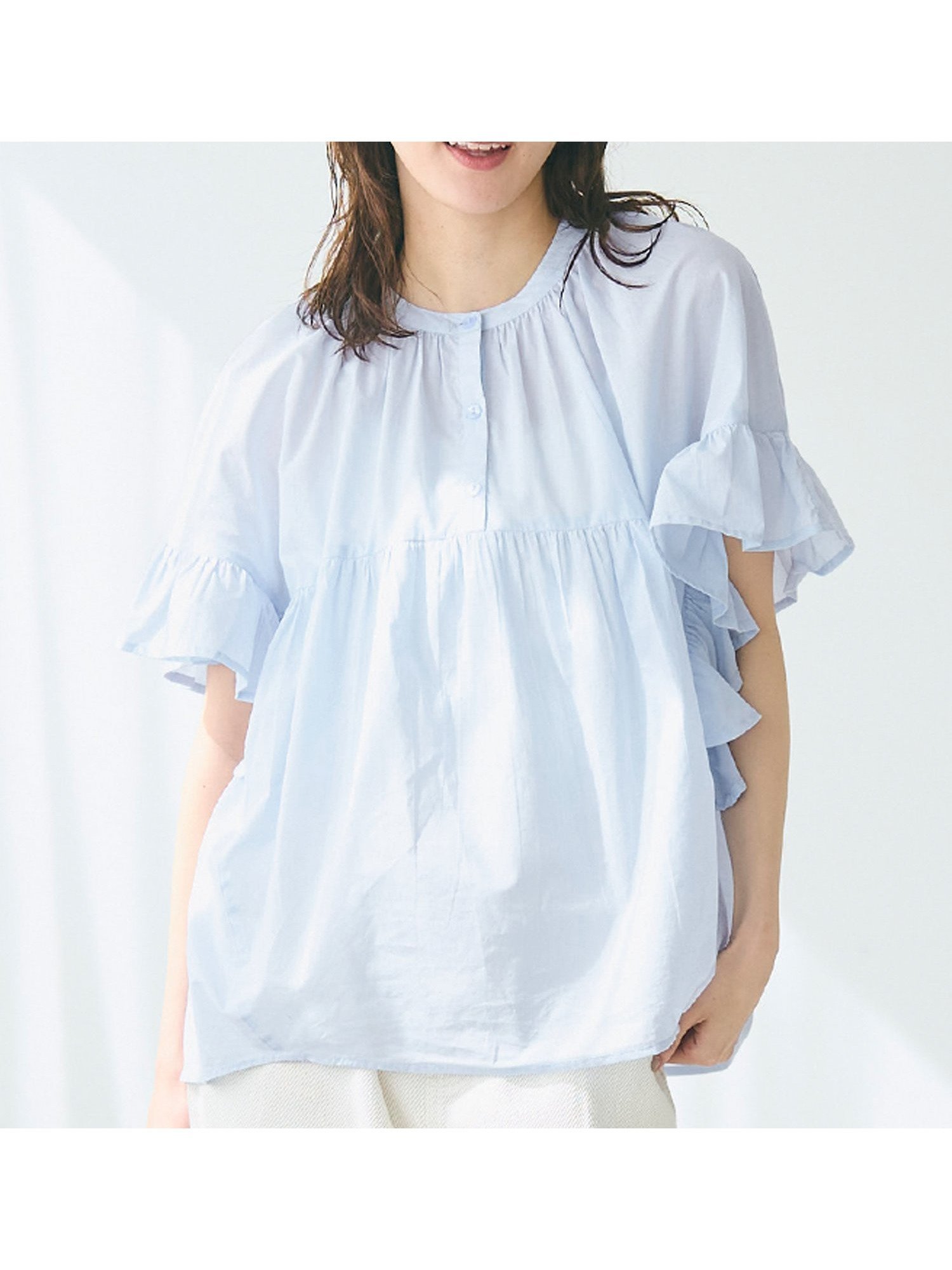 【コカ/COCA】のガーゼ袖フリルブラウス インテリア・キッズ・メンズ・レディースファッション・服の通販 founy(ファニー) 　ファッション　Fashion　レディースファッション　Ladies' Fashion Online　トップス・カットソー　Tops/Tshirt　シャツ/ブラウス　Shirts/Blouses　インド　India　ギャザー　Gather　シンプル　Simple　なめらか　Smooth　フェミニン　Feminine　フリル　Frills　ベーシック　Basic　ボトム　Bottom　ポケット　Pocket　夏　Summer　2025年　2025　2025春夏・S/S　Ss,Spring/Summer,2025　Lt.blue|ID: prp329100004579613 ipo3291000000032659568