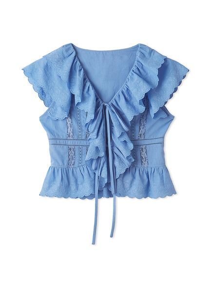 【フレイ アイディー/FRAY I.D】のコットンエンブロイダリーフリルブラウス インテリア・キッズ・メンズ・レディースファッション・服の通販 founy(ファニー) 　雑誌掲載アイテム　Magazine Items　ファッション雑誌　Fashion Magazines　スウィート　Sweet　ファッション　Fashion　レディースファッション　WOMEN　トップス・カットソー　Tops/Tshirt　シャツ/ブラウス　Shirts/Blouses　4月号　April Issue　おすすめ　Recommend　セットアップ　Set Up　ラッフル　Raffle　リボン　Ribbon　レース　Race　雑誌　Magazine　BLU[086]|ID: prp329100004579643 ipo3291000000032444112