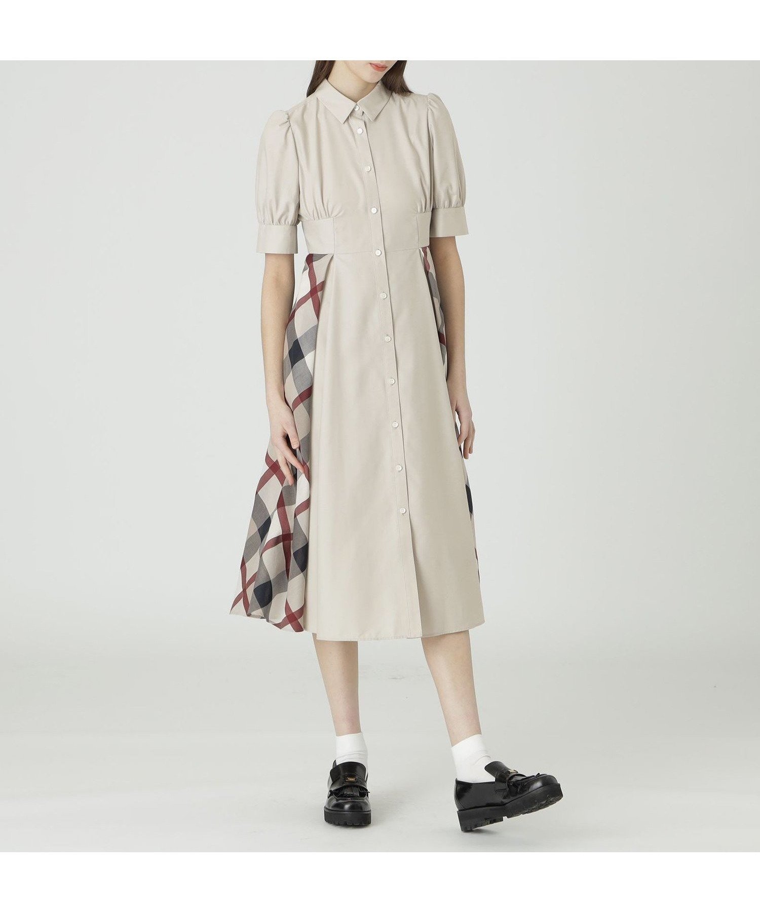 【ブルーレーベル クレストブリッジ/BLUE LABEL CRESTBRIDGE】のマイクロスパンポプリンシャツドレス インテリア・キッズ・メンズ・レディースファッション・服の通販 founy(ファニー) 　ファッション　Fashion　レディースファッション　Fashion for Women　トップス・カットソー　Cut & Sew Tops　シャツ・ブラウス・オフィスカジュアル　Elegant Blouses & Button-Ups　ワンピース　Dresses　フォーマル・パーティードレス・結婚式用ドレス　Elegant & Casual Dresses　コルセット　Corset, Bustier　シャーリング　Shirring, Ruched　ドレス　Dress, One-Piece　フィット　Fit, Slim Fit　切替　Switching, Contrast Panel　ベージュ|ID: prp329100004580913 ipo3291000000032776447
